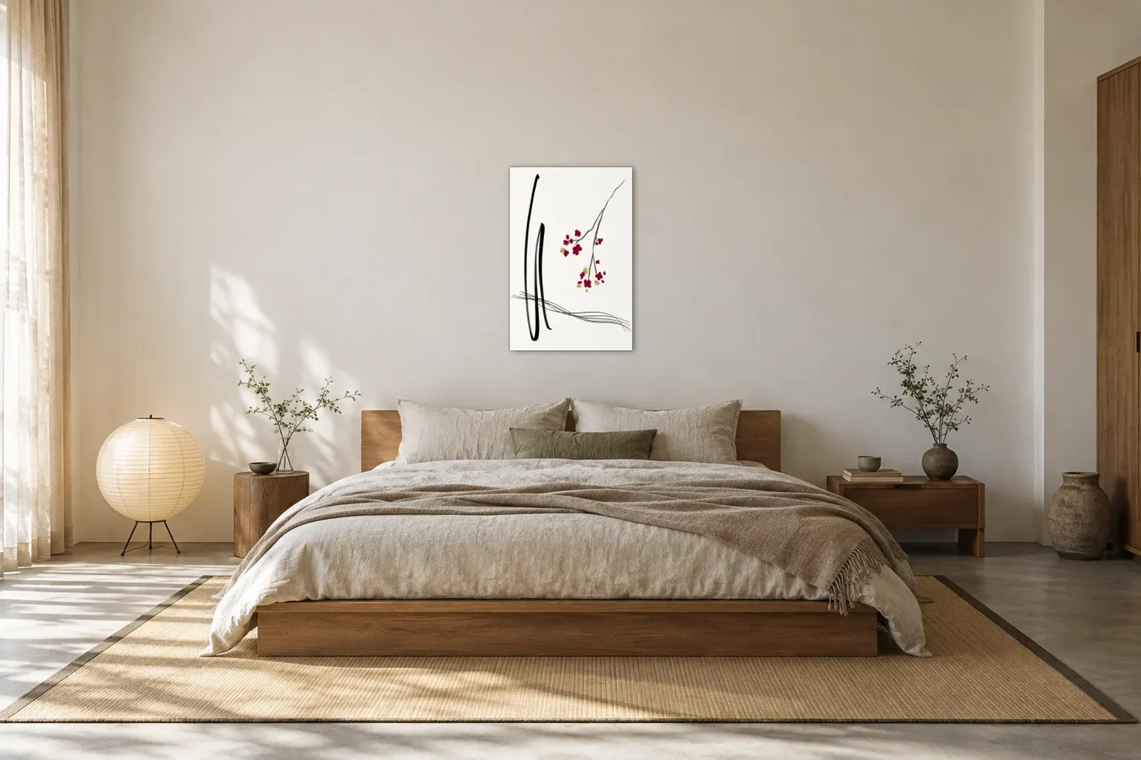 Blüten an schwarzen Bögen als Wandbild über einem 180-cm-Bett