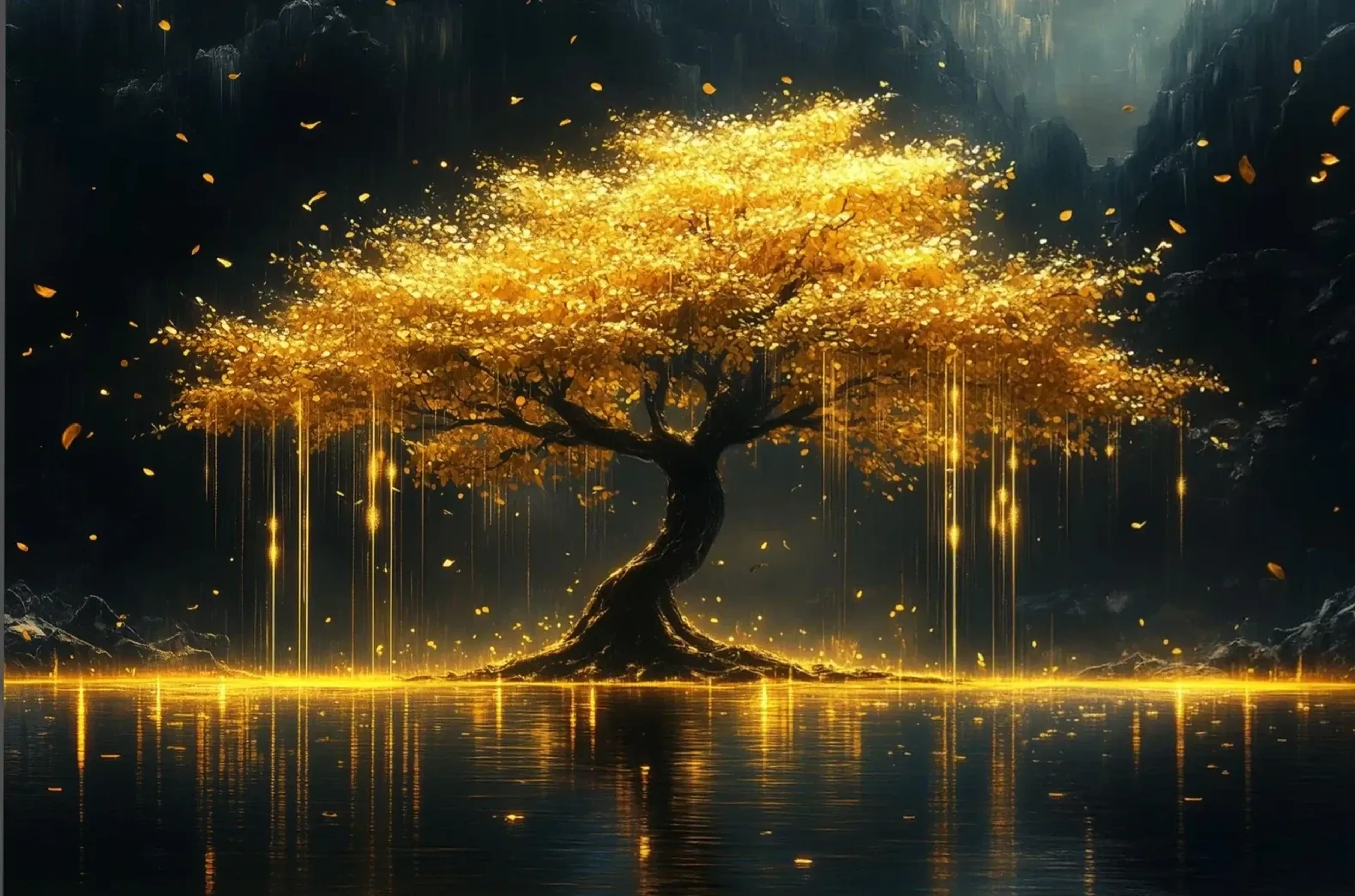 Ein Baum mit geschwungenem Stamm und goldener Krone spiegelt sich mit herabhängenden Lichtfäden im dunklen Wasser.