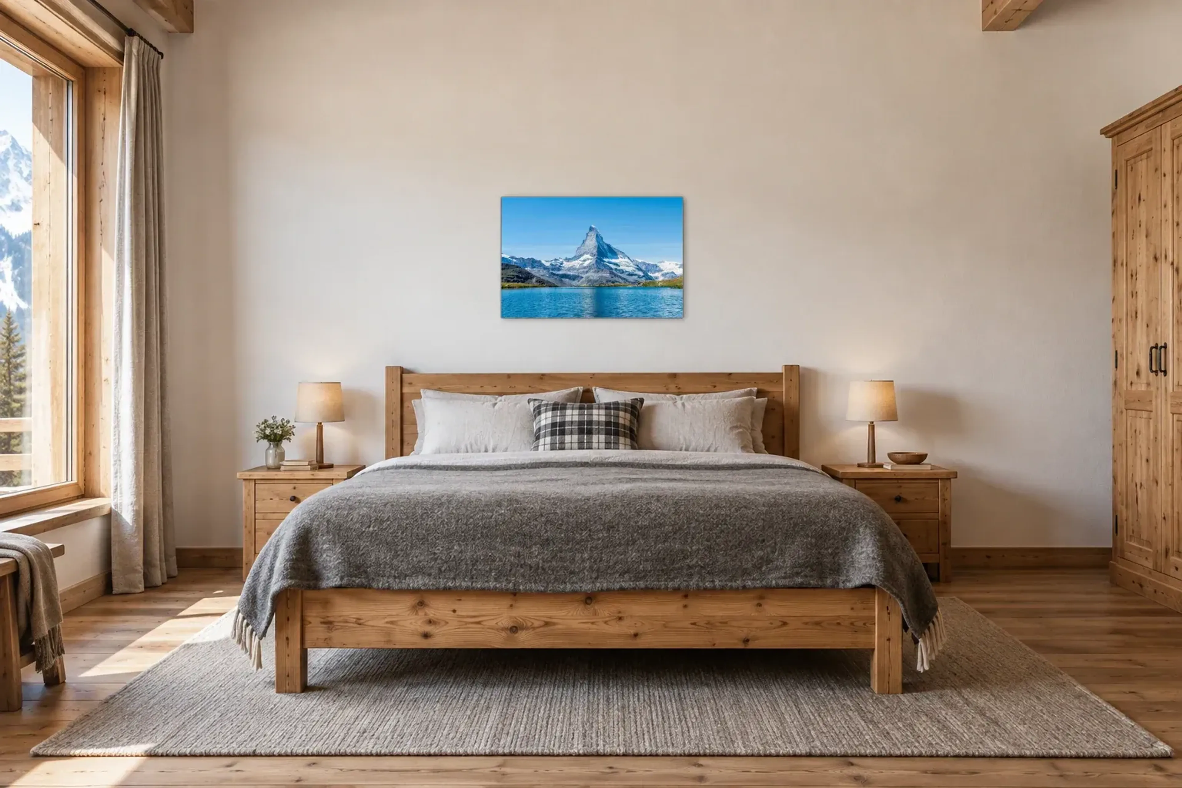 Bergsee und Gipfel als Wandbild über einem 180-cm-Bett