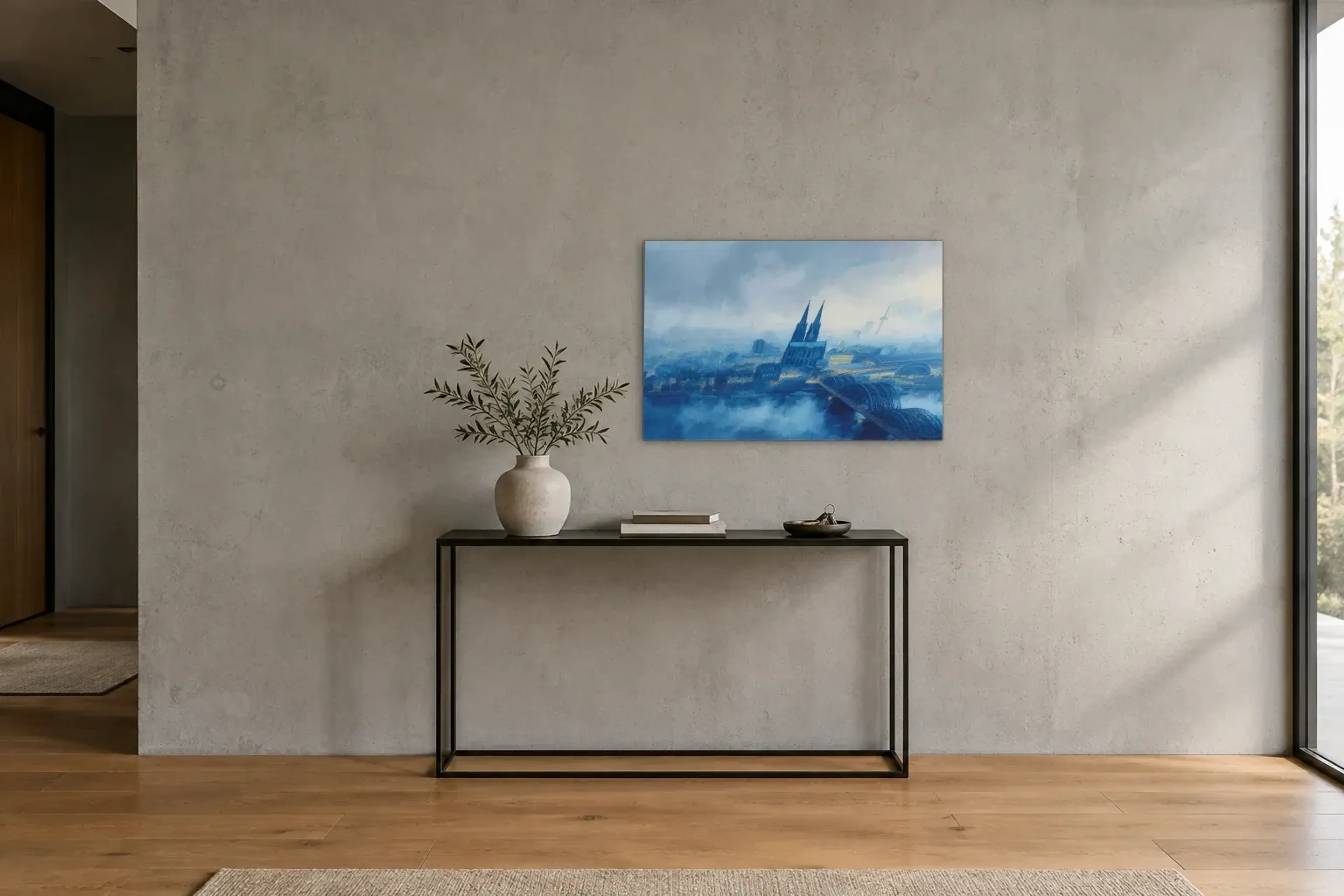 Blauer Blick über Köln als Wandbild über einer 120-cm-Konsole