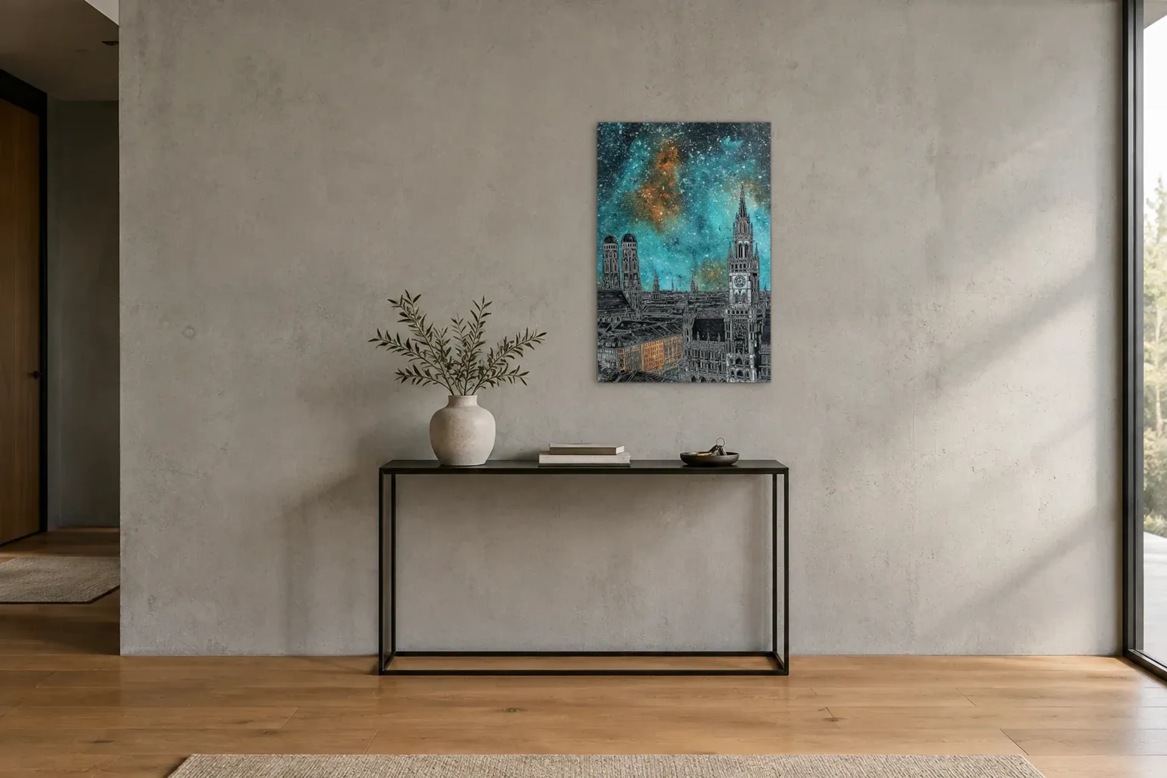 München unter Sternen als Wandbild über einer 120-cm-Konsole