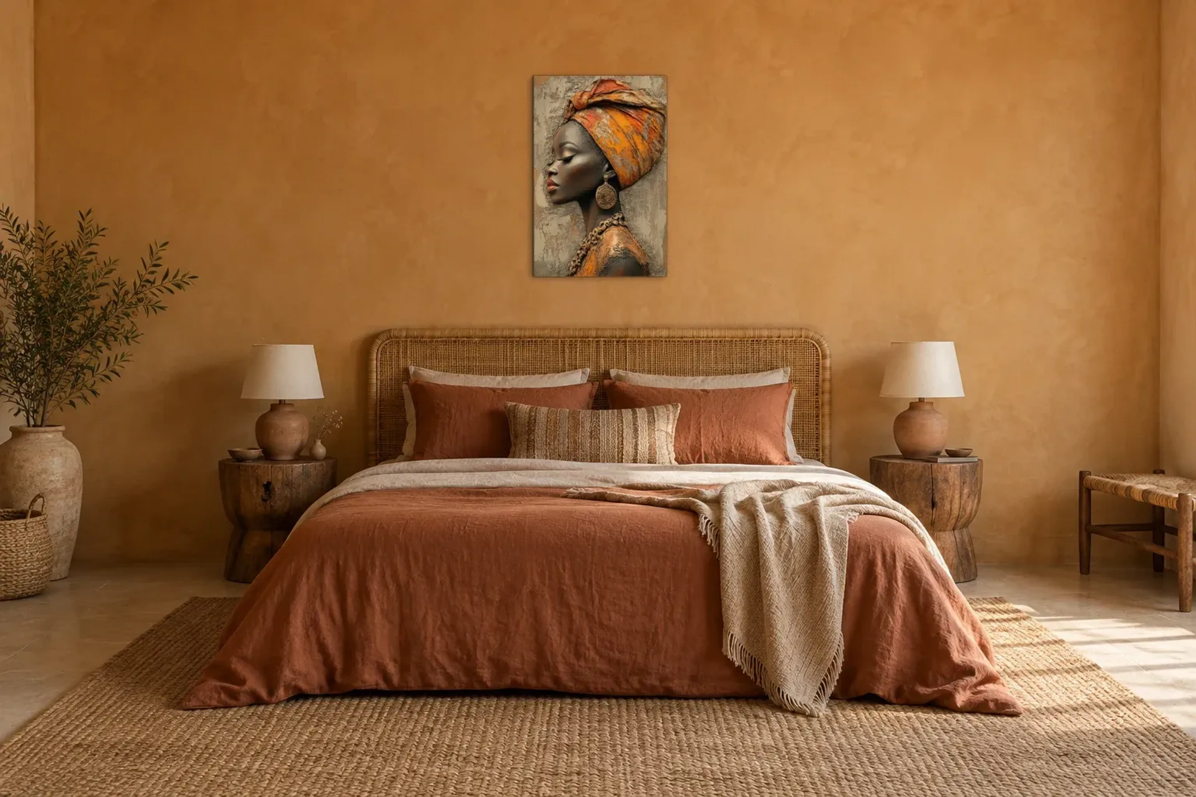 Porträt mit ockerfarbenem Kopftuch als Wandbild über einem 180-cm-Bett