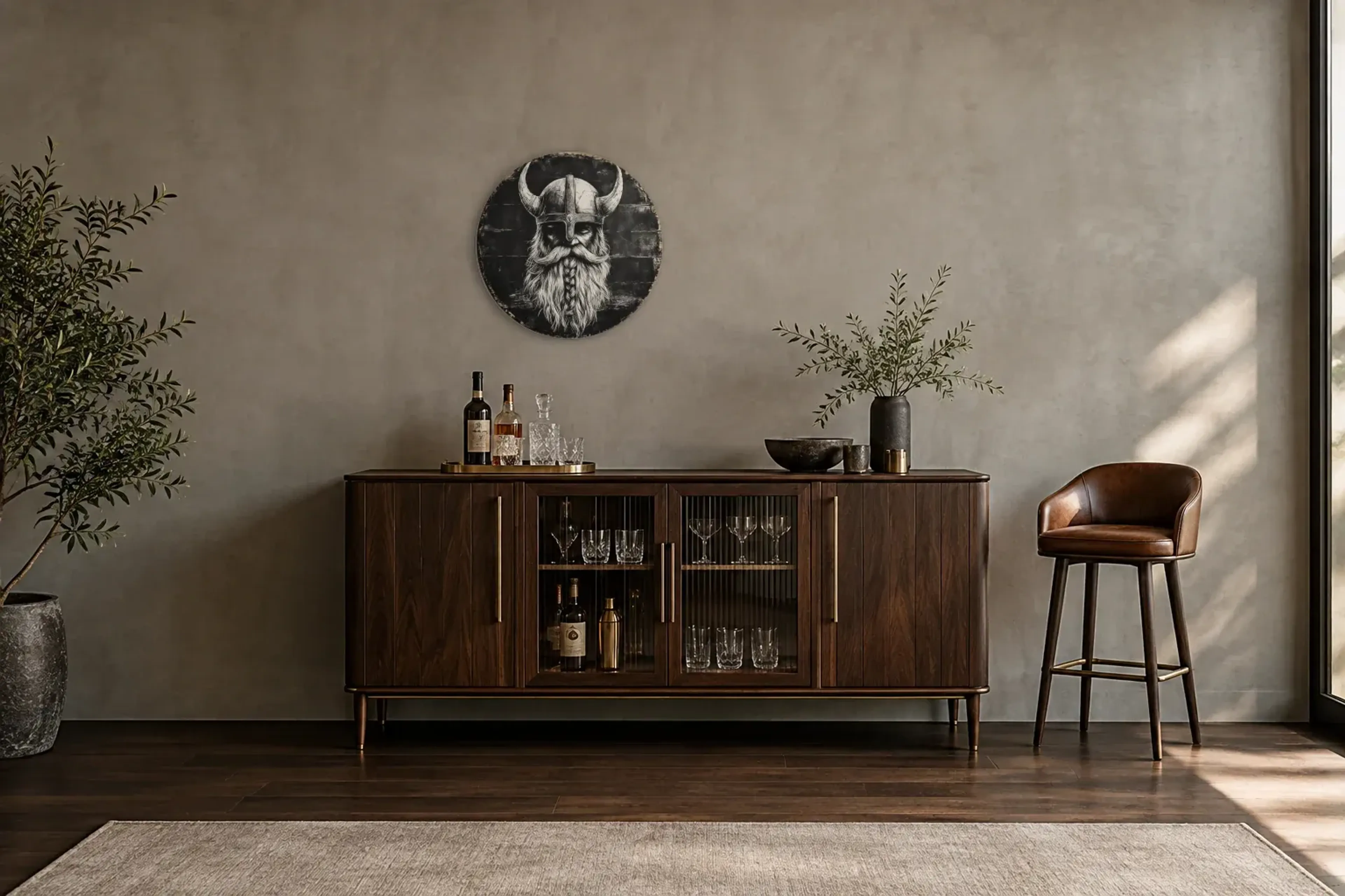 Wikinger mit Hörnerhelm als Wandbild über einem 150-cm-Barschrank
