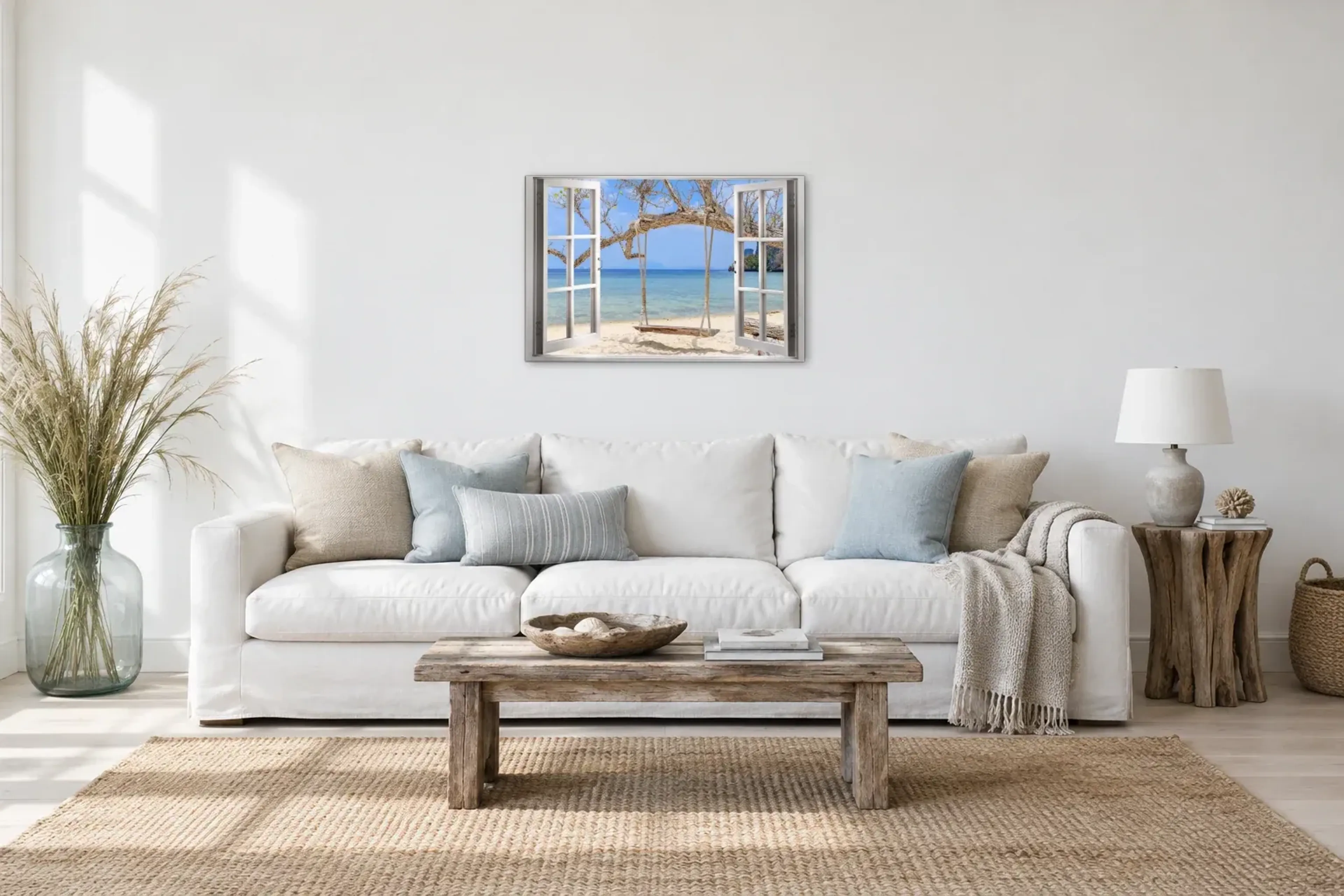 Schaukel am Meer als Wandbild über einem 220-cm-Sofa