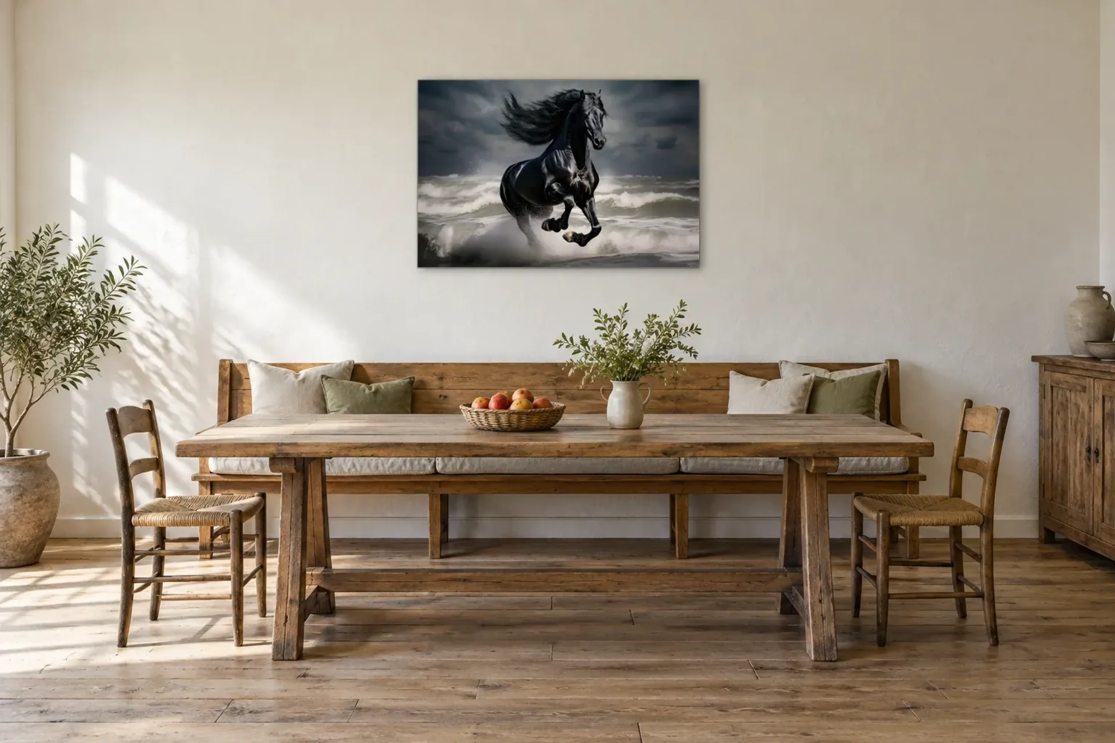 Schwarzes Pferd als Wandbild über einer 200-cm-Sitzbank