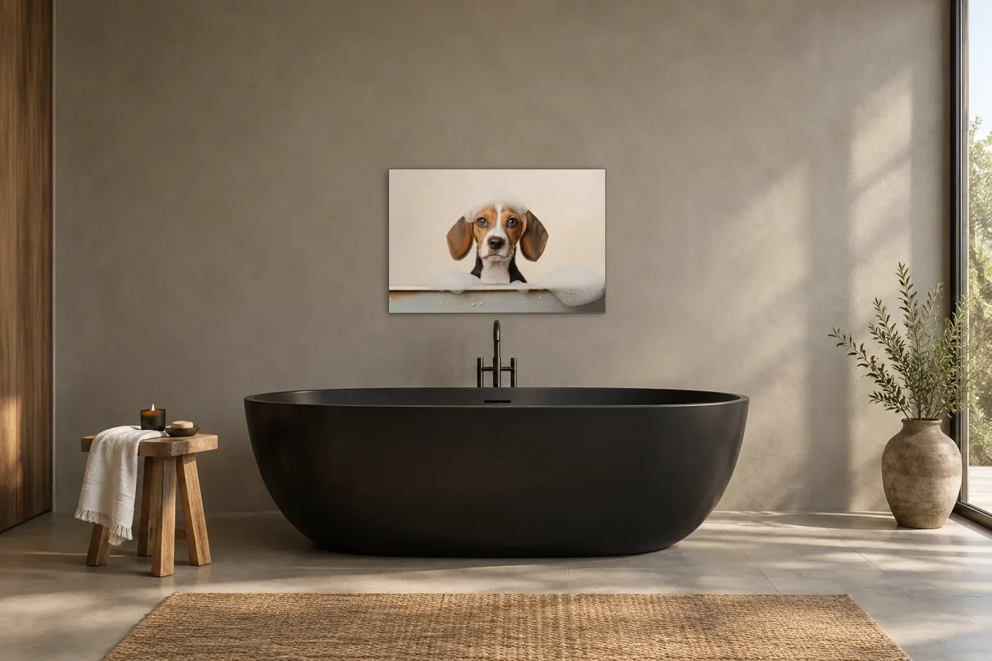 Beagle im Schaumbad als Wandbild über einer 170-cm-Badewanne