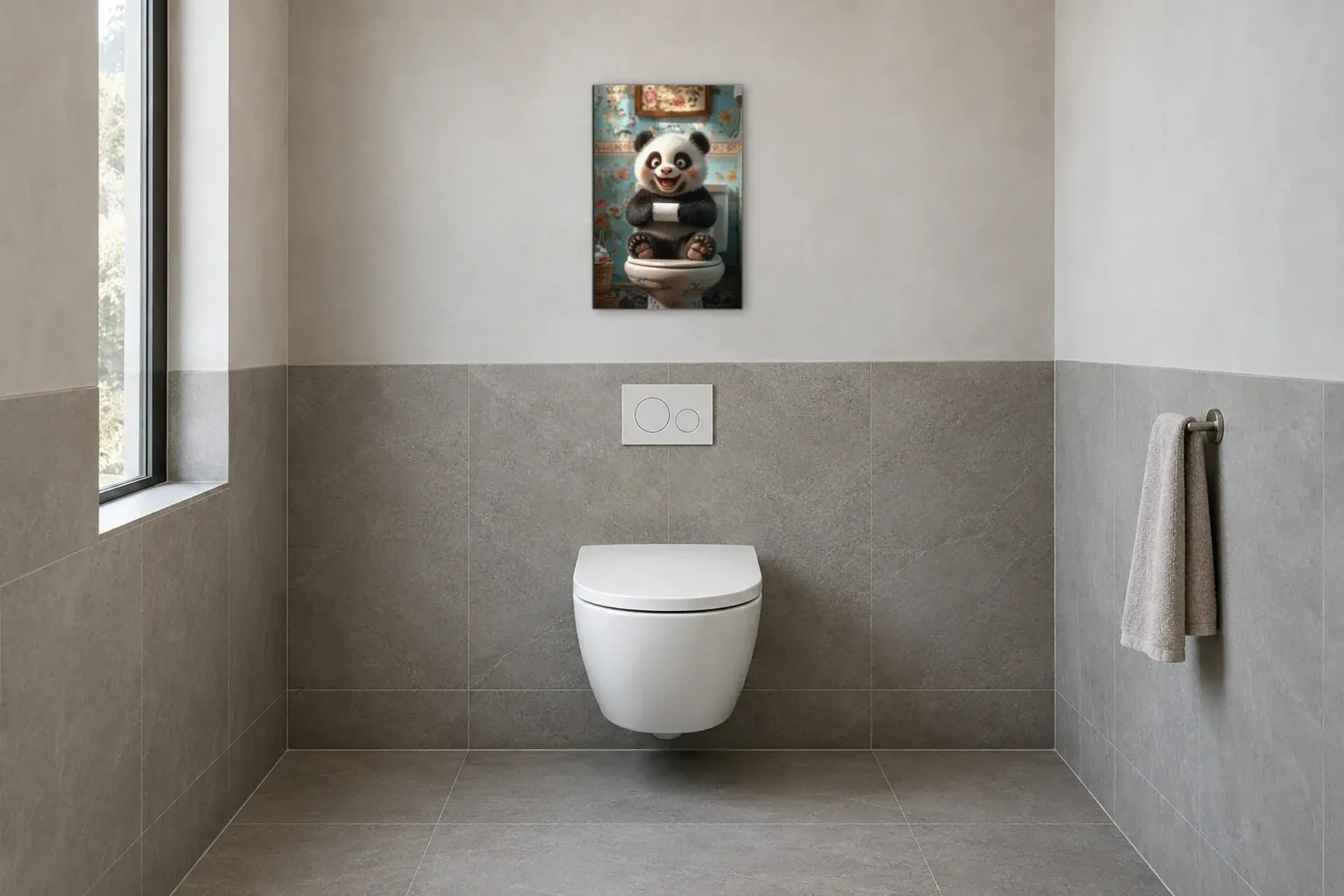 Panda im Blumenbad als Wandbild im Gäste-WC