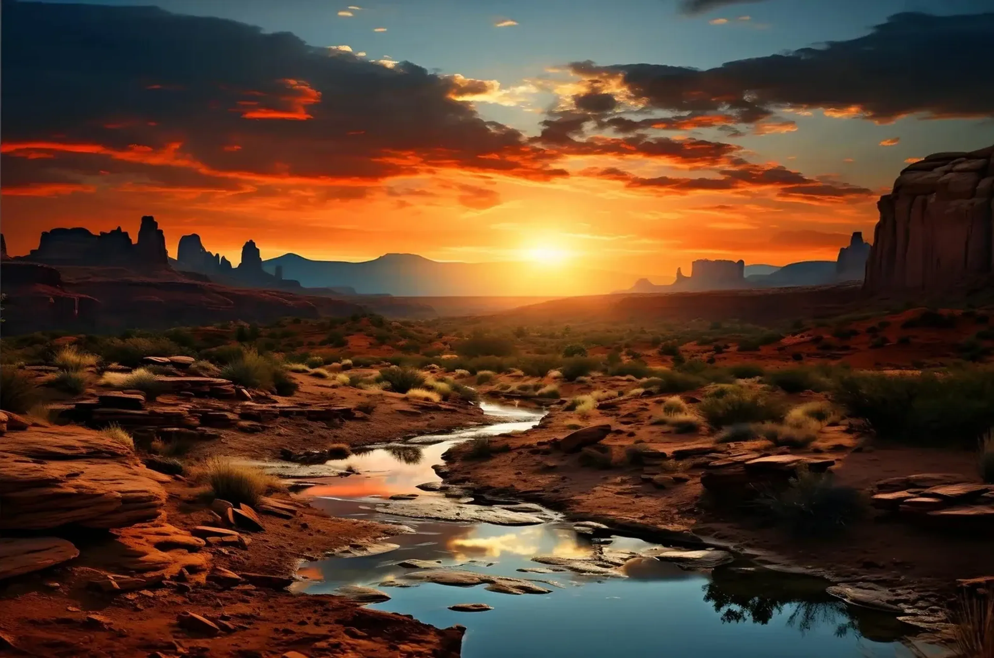 Sonnenuntergang in der Felslandschaft – Motiv als Wandbild auf Holz
