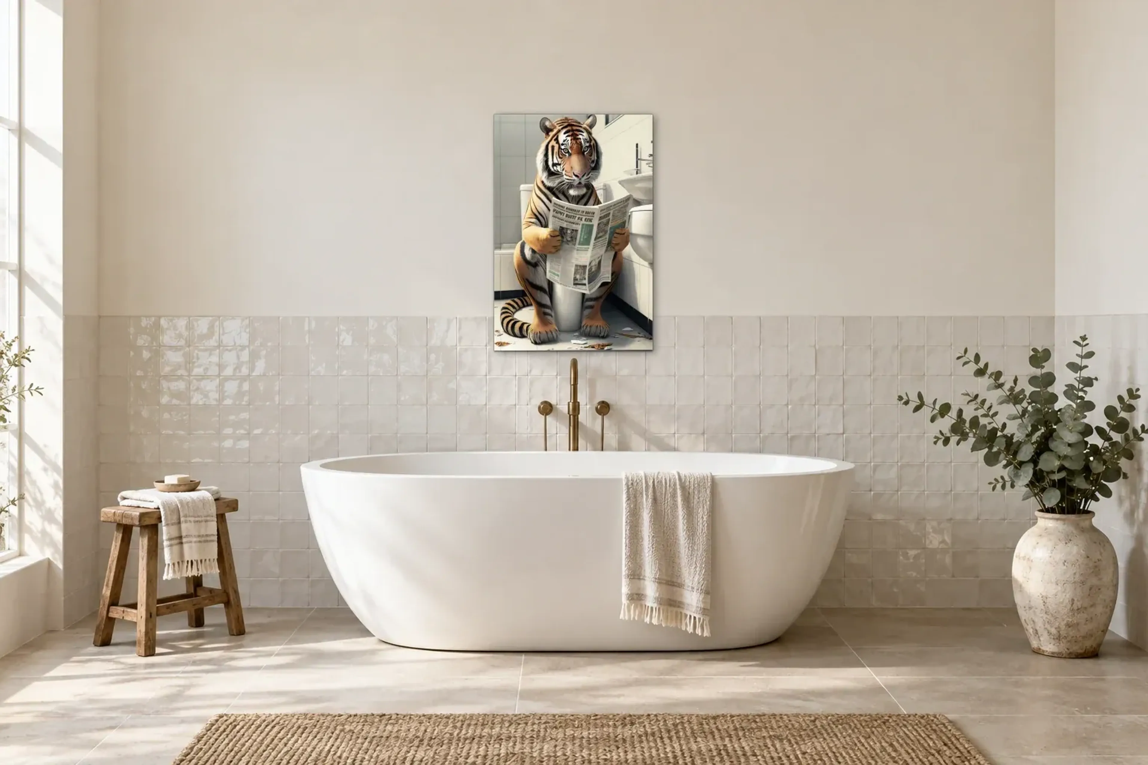 Tiger mit Zeitung als Wandbild über einer 170-cm-Badewanne