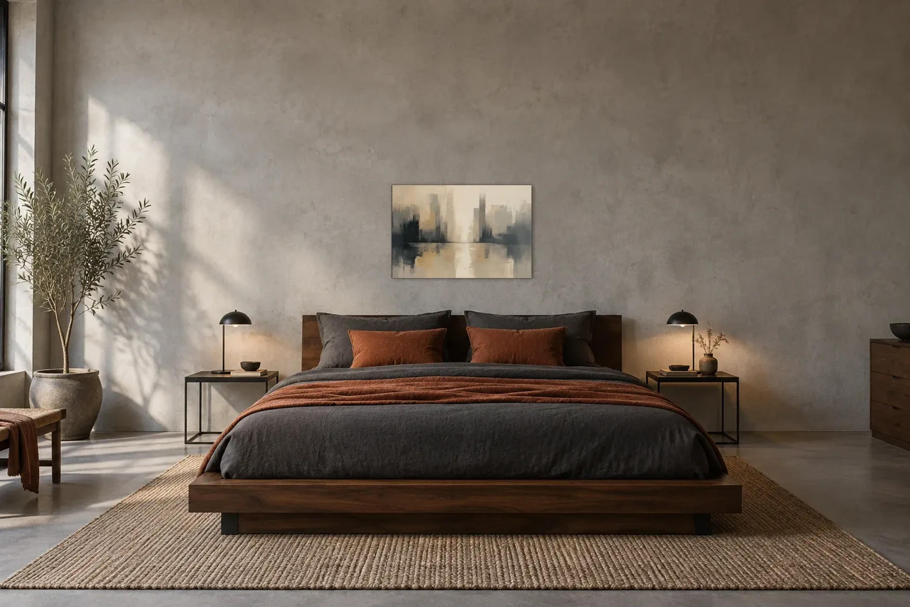 Skyline Beige als Wandbild über einem 180-cm-Bett