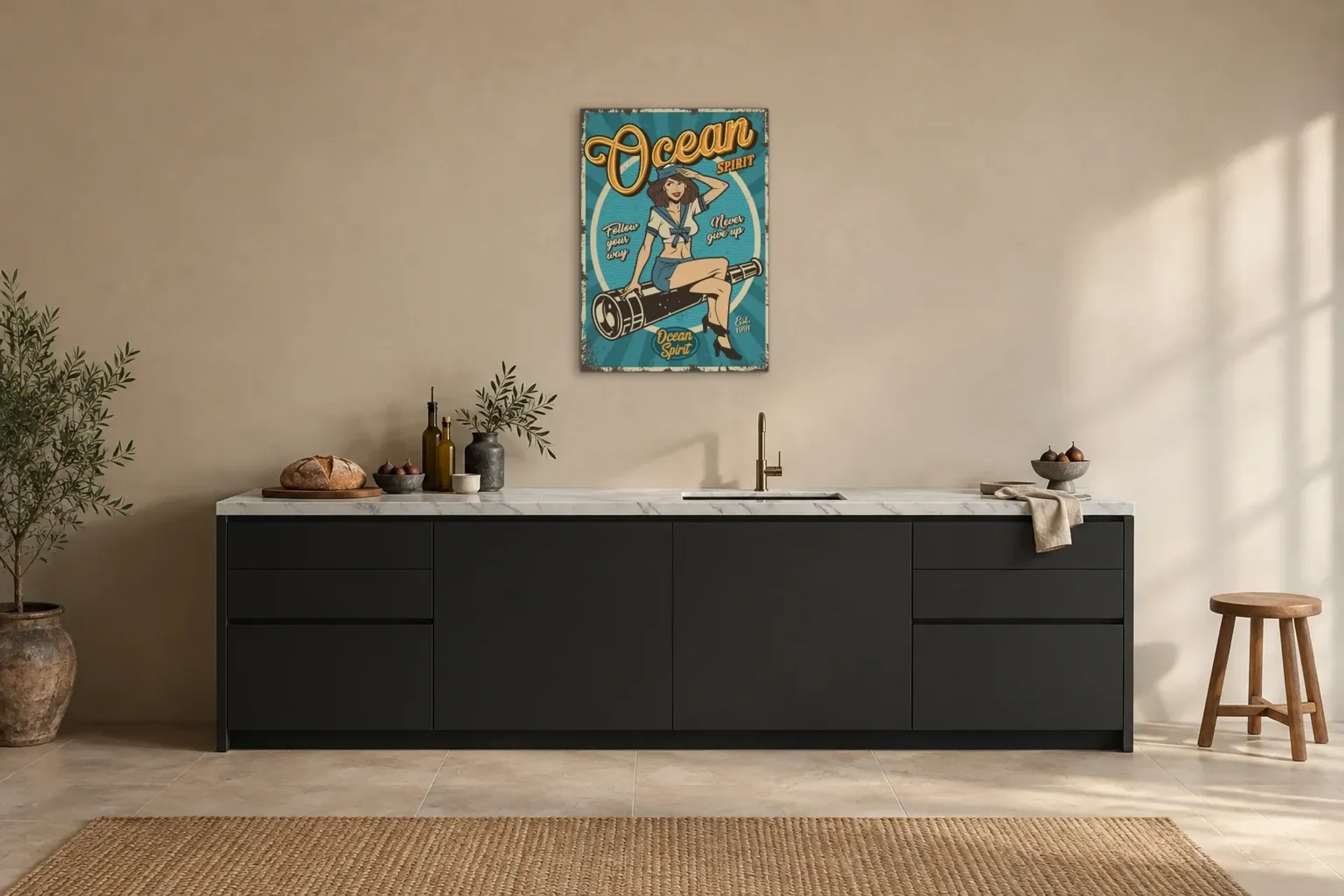 Ocean Spirit als Wandbild über einer 200-cm-Arbeitsplatte