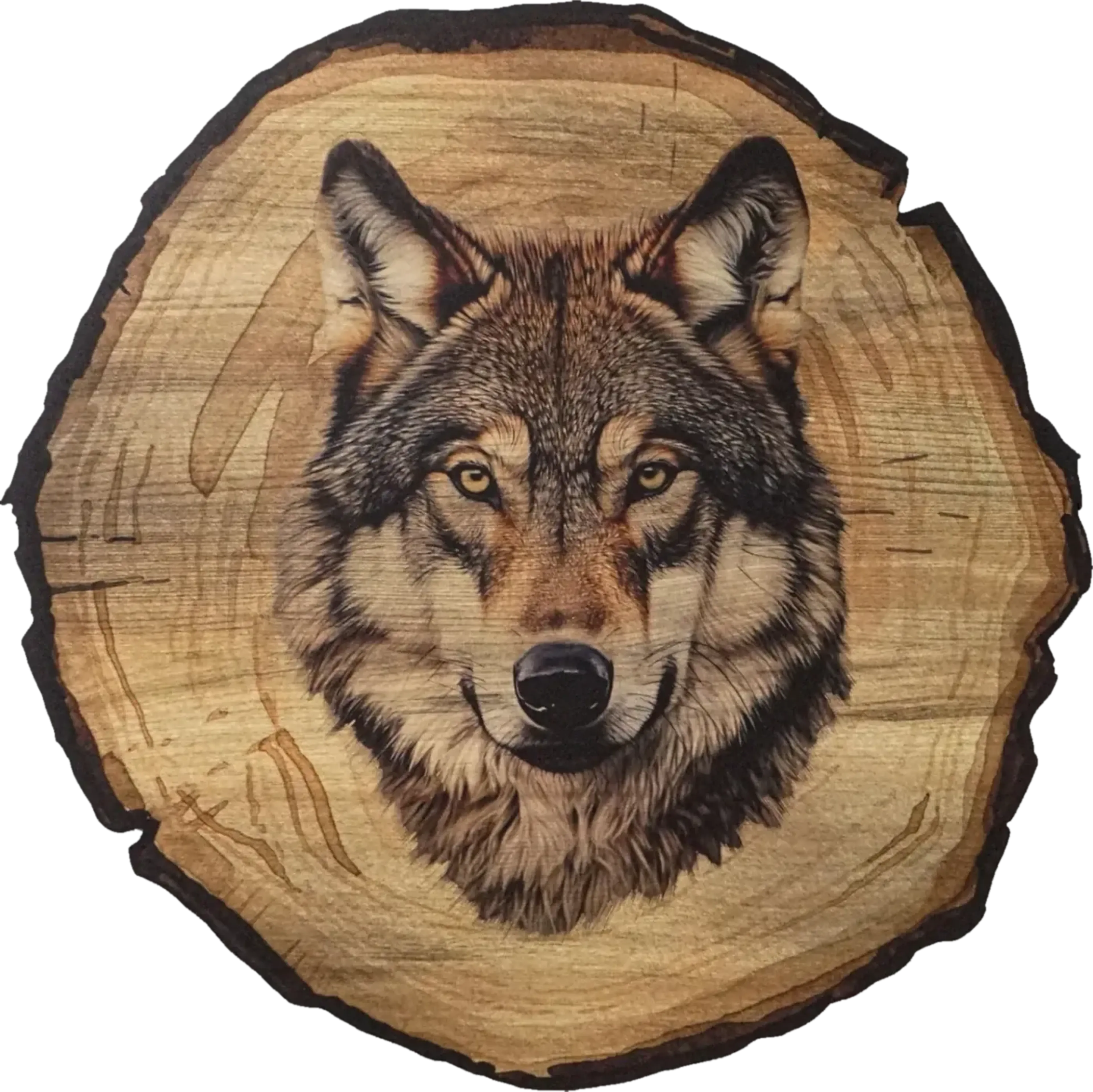 Wolfskopf mit aufgerichteten Ohren, gelblichen Augen und braungrauem Fell auf einem Hintergrund in Baumscheibenoptik.
