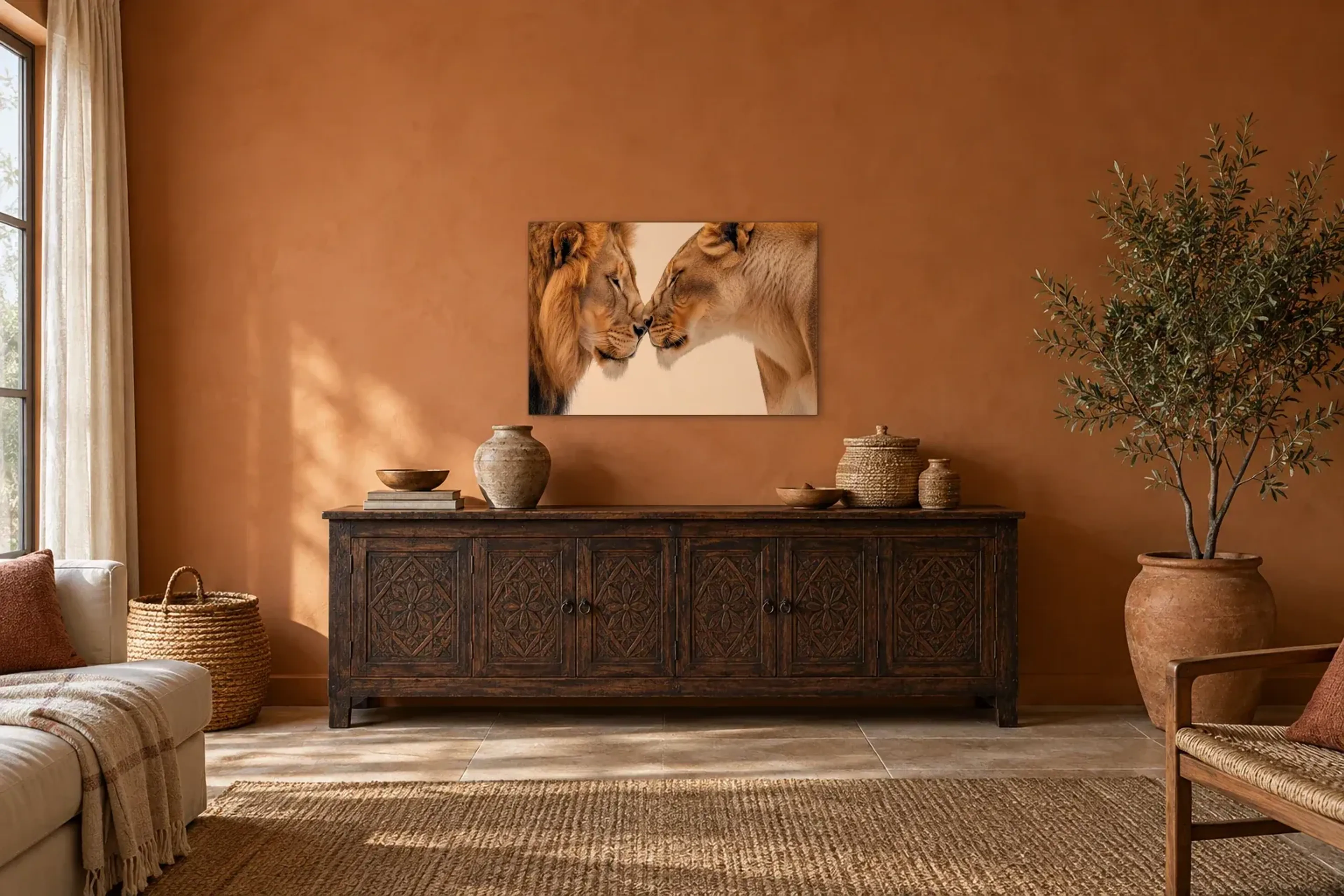 Löwenkuss als Wandbild über einem 180-cm-Sideboard
