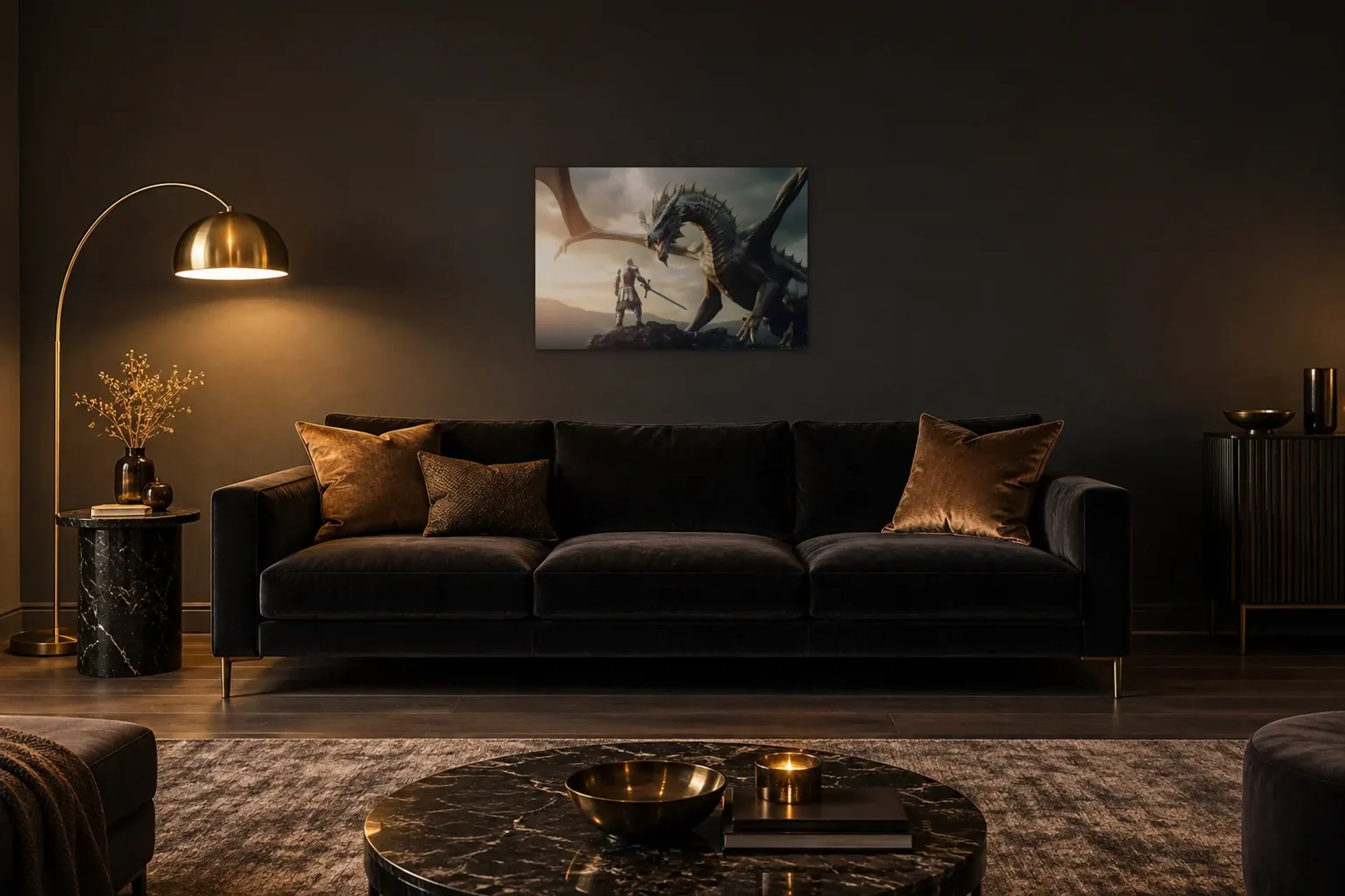 Ritter vor dem Drachen als Wandbild über einem 220-cm-Sofa