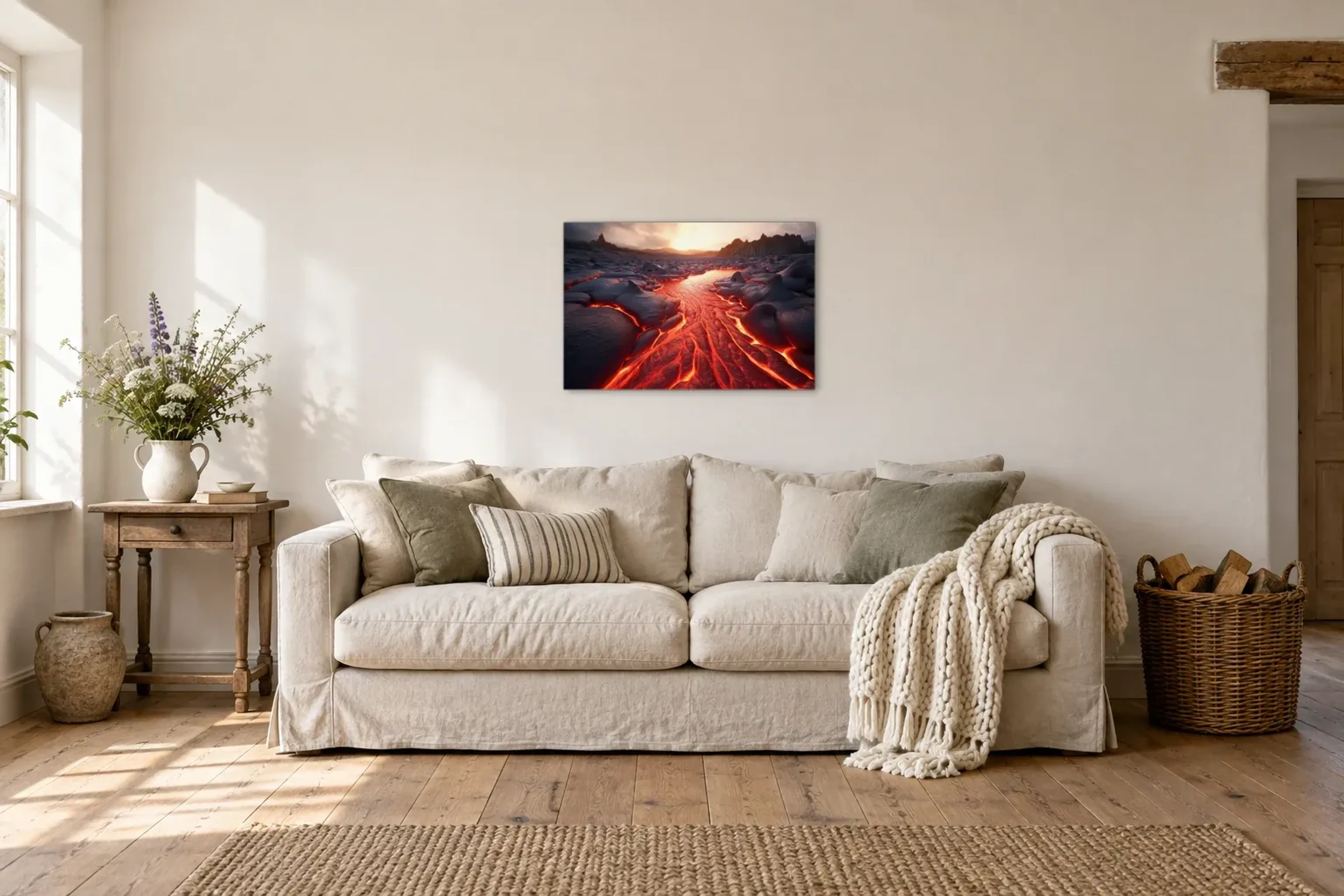 Glühender Lavastrom als Wandbild über einem 220-cm-Sofa
