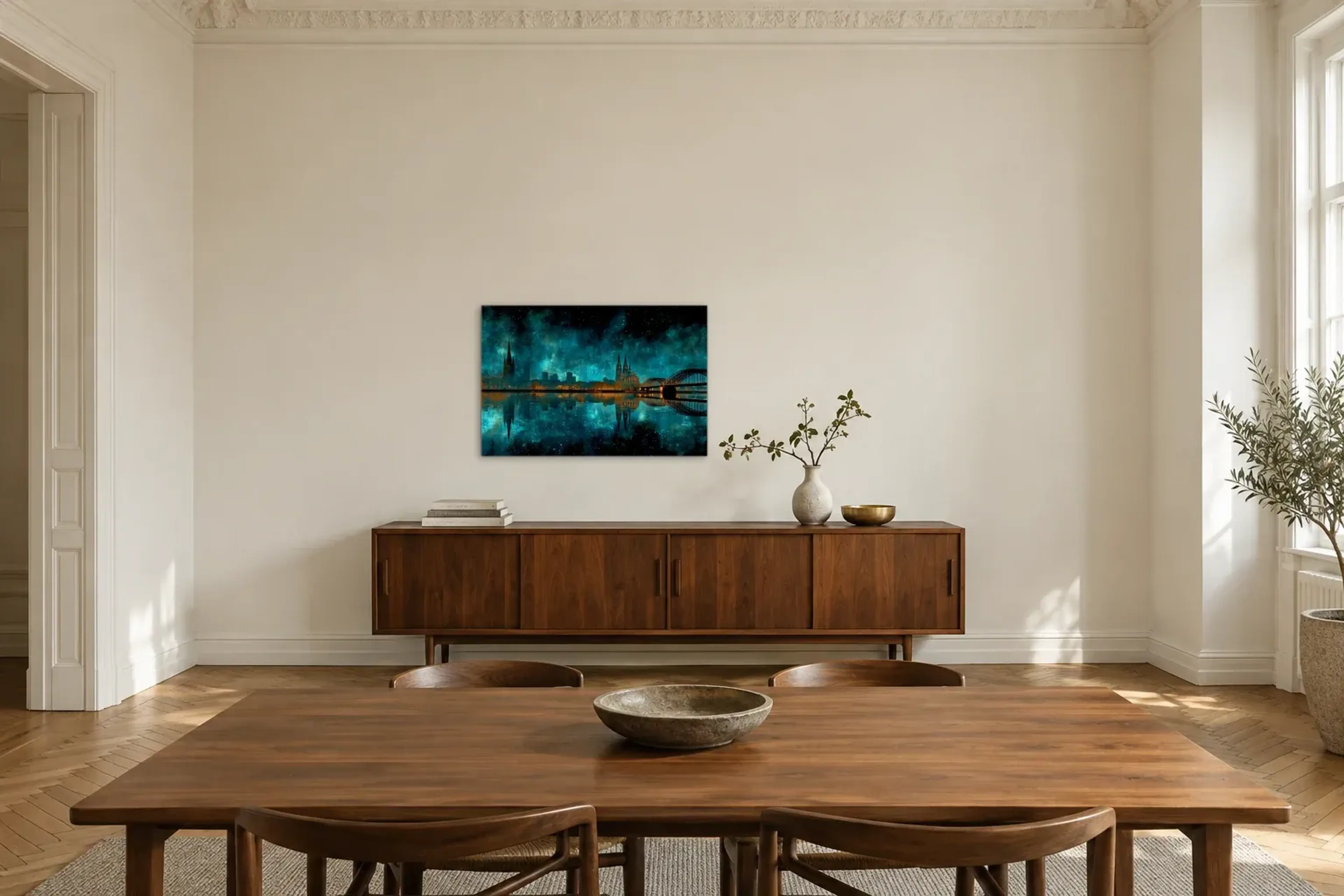 Köln im Türkislicht als Wandbild über einem 200-cm-Sideboard