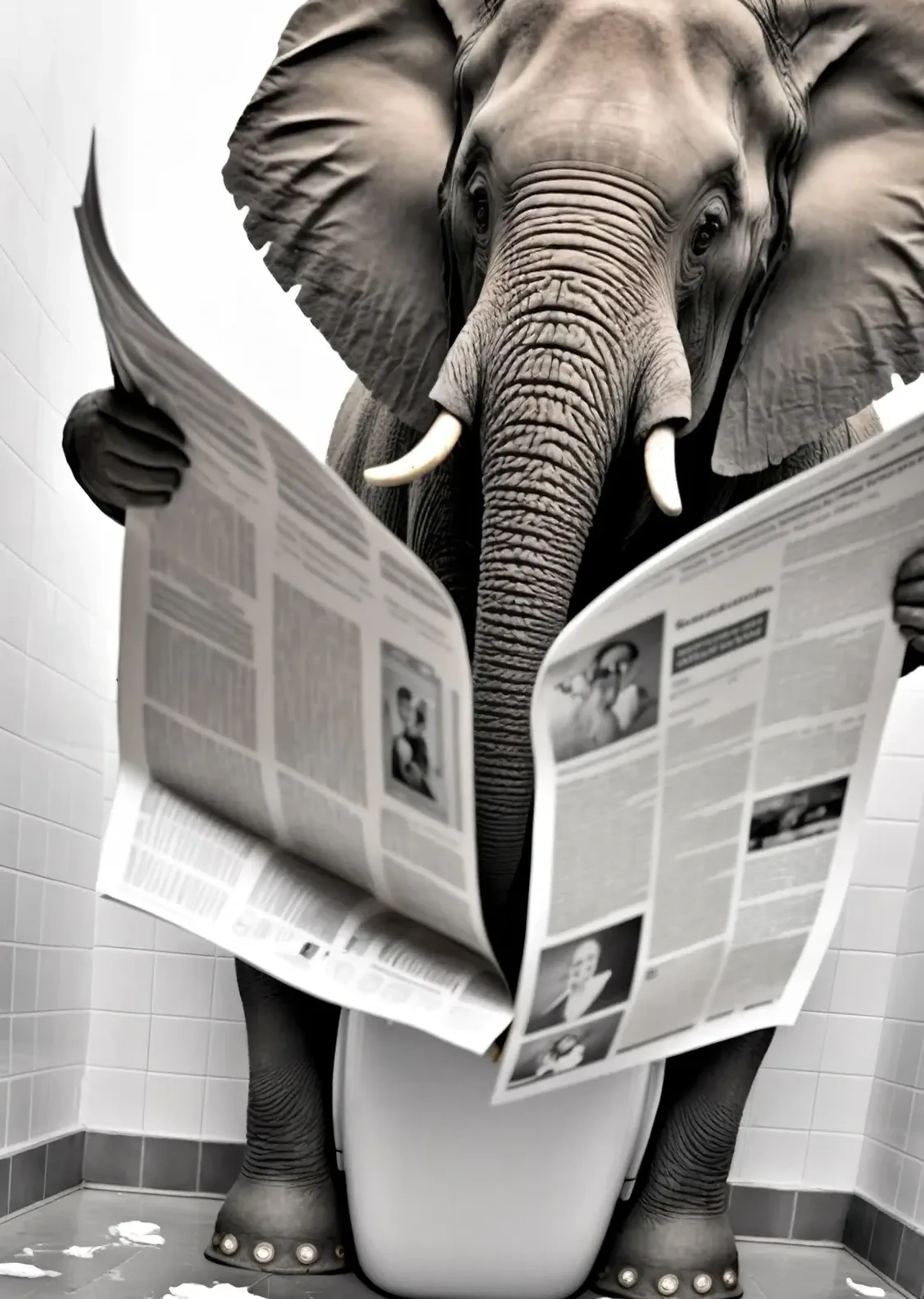 Ein Elefant sitzt mit aufgeschlagener Zeitung auf einer Toilette in einem gefliesten Raum mit Papier am Boden.