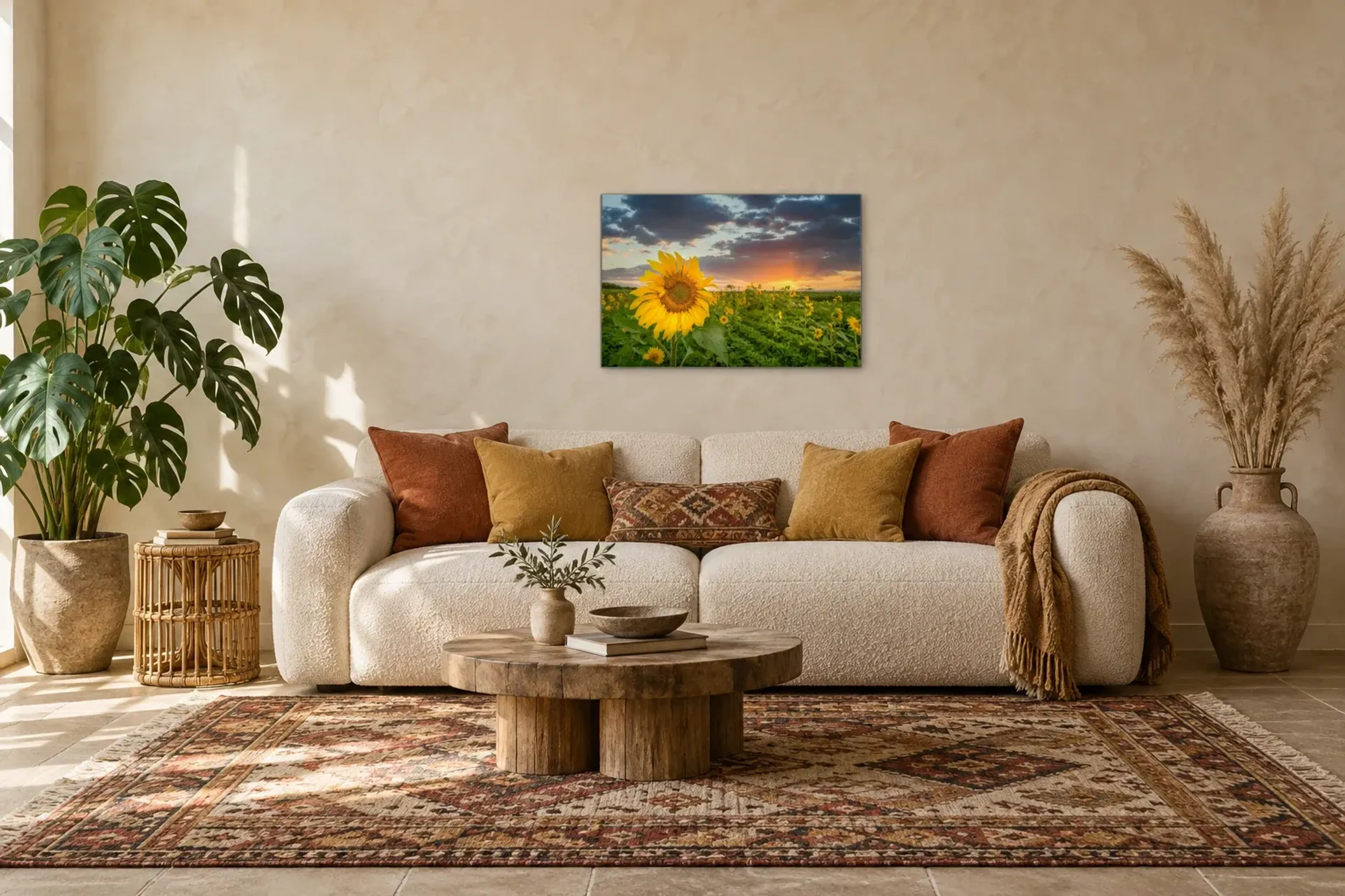 Sonnenblume im Abendlicht als Wandbild über einem 220-cm-Sofa