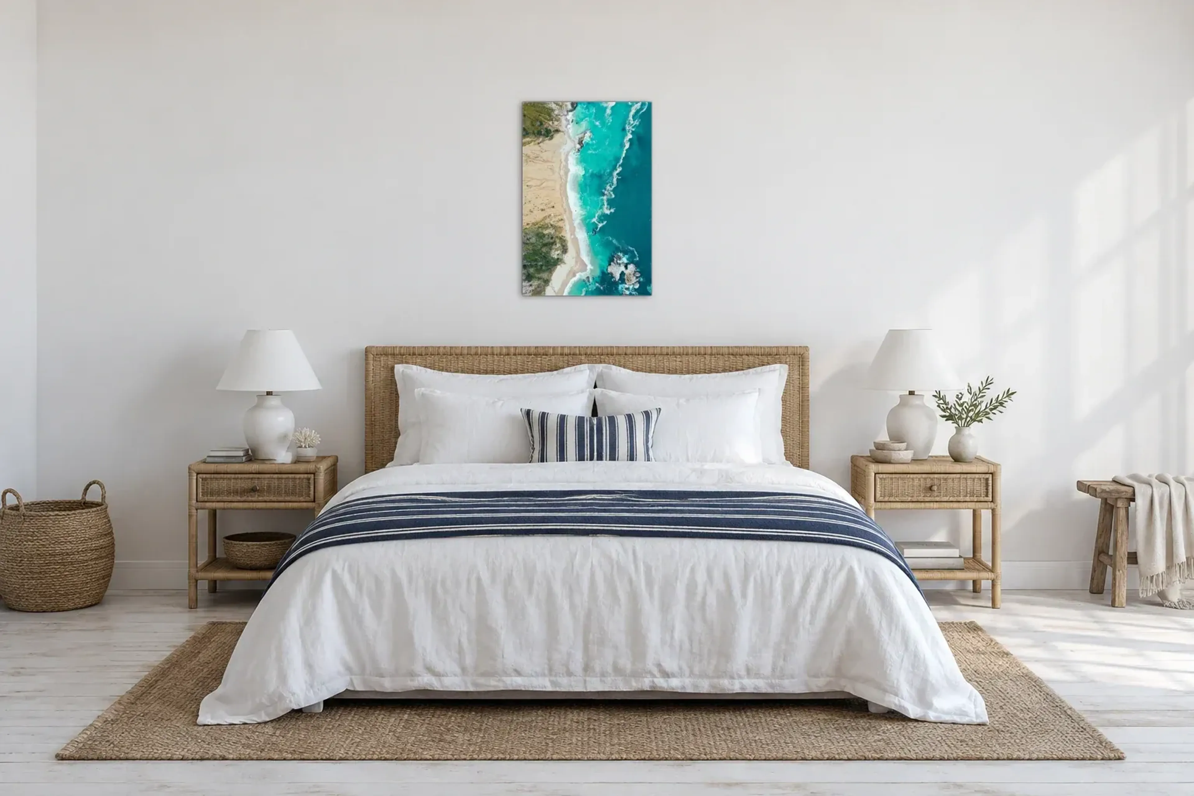 Türkise Brandung von oben als Wandbild über einem 180-cm-Bett