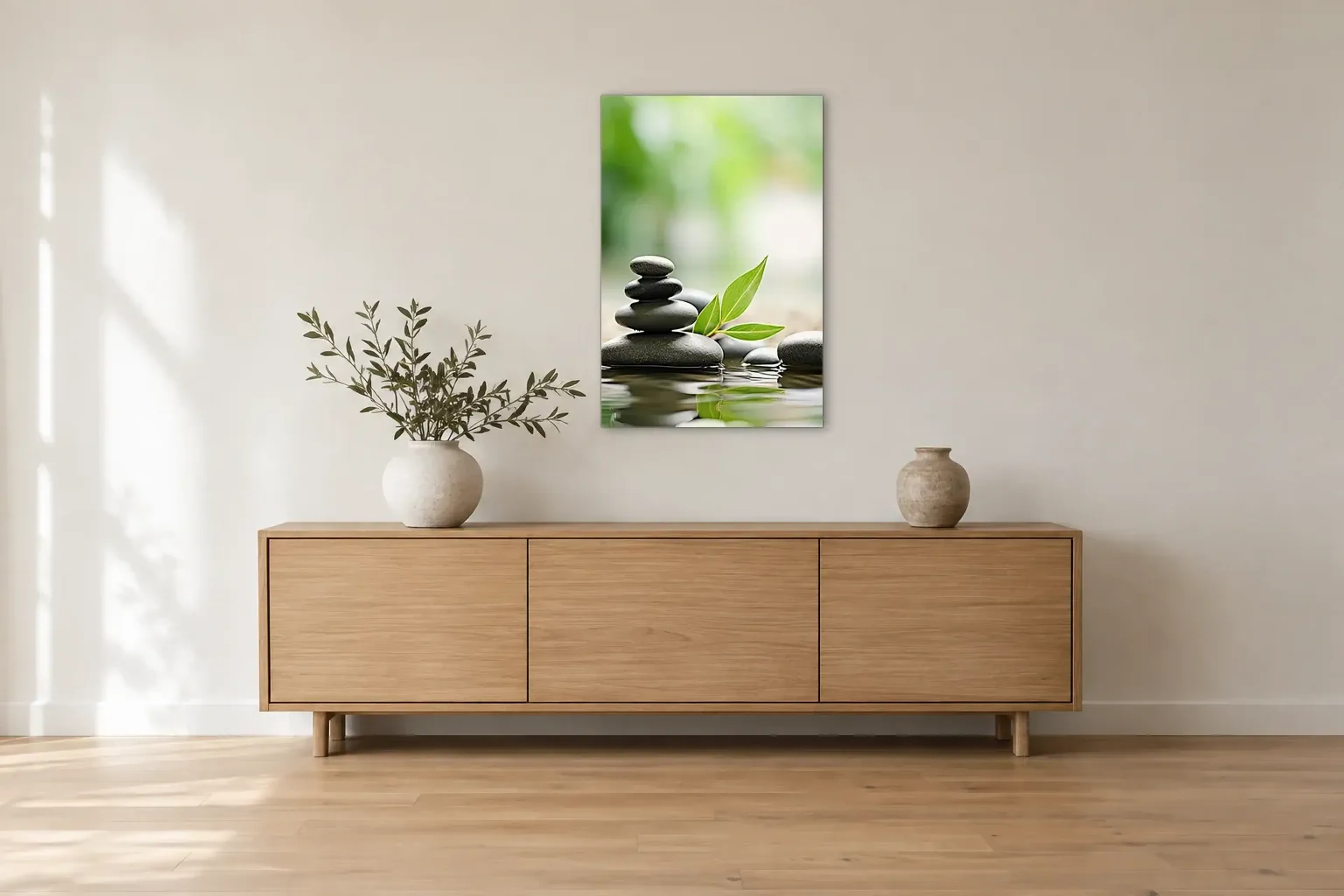 Steine am Wasser als Wandbild über einem 180-cm-Sideboard
