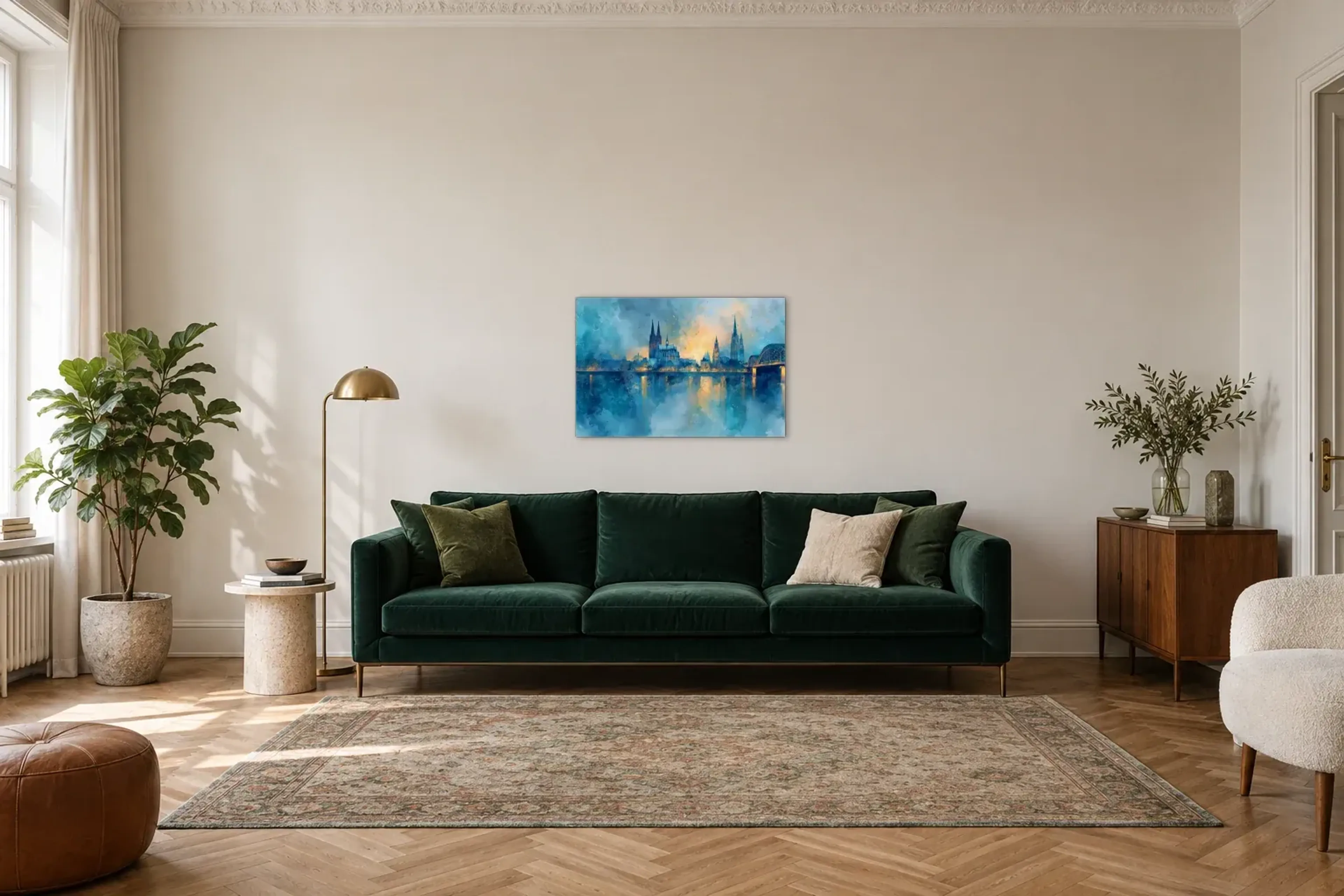 Köln in Blaugold als Wandbild über einem 220-cm-Sofa