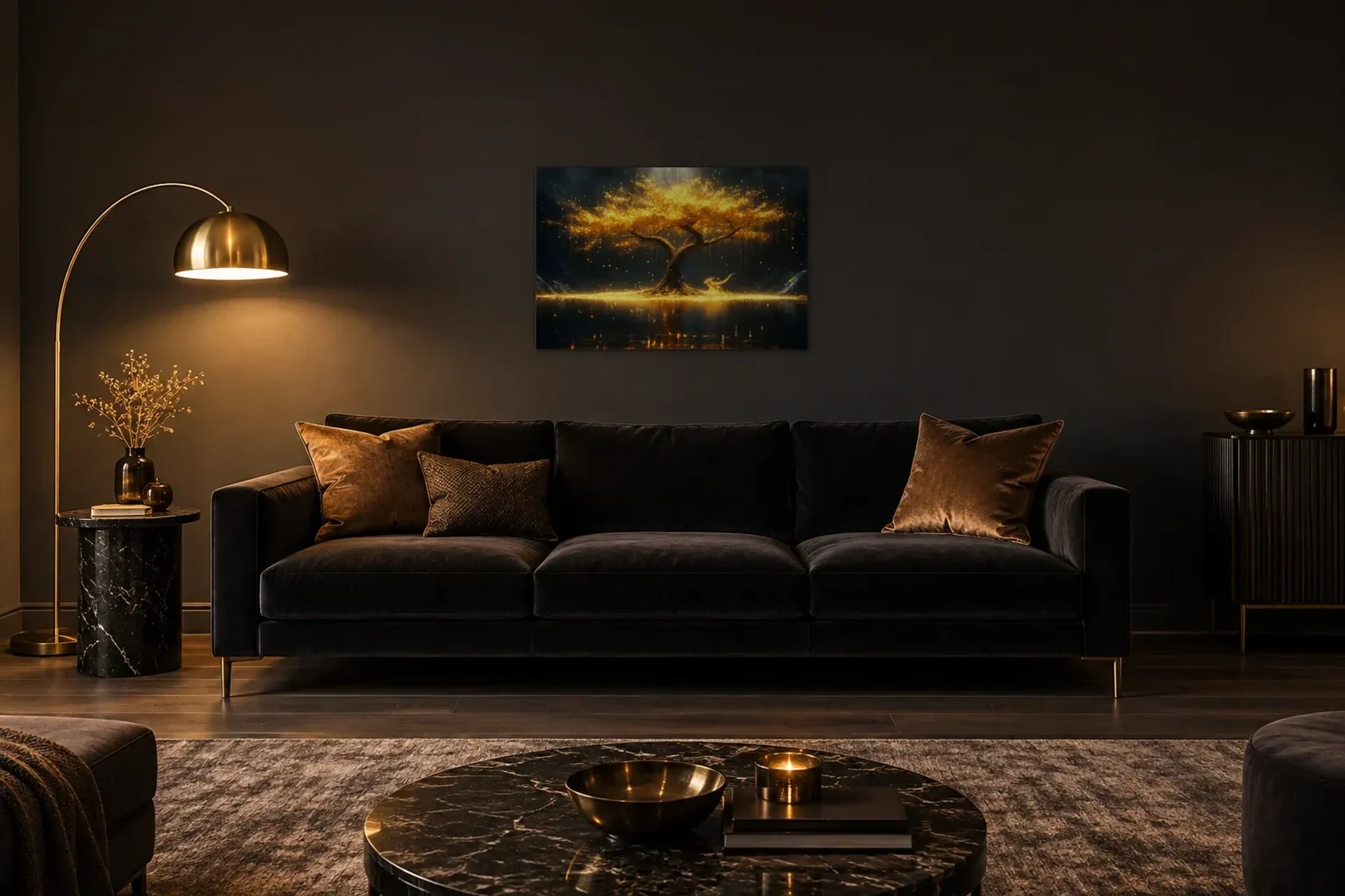 Drachenschatz als Wandbild über einem 220-cm-Sofa