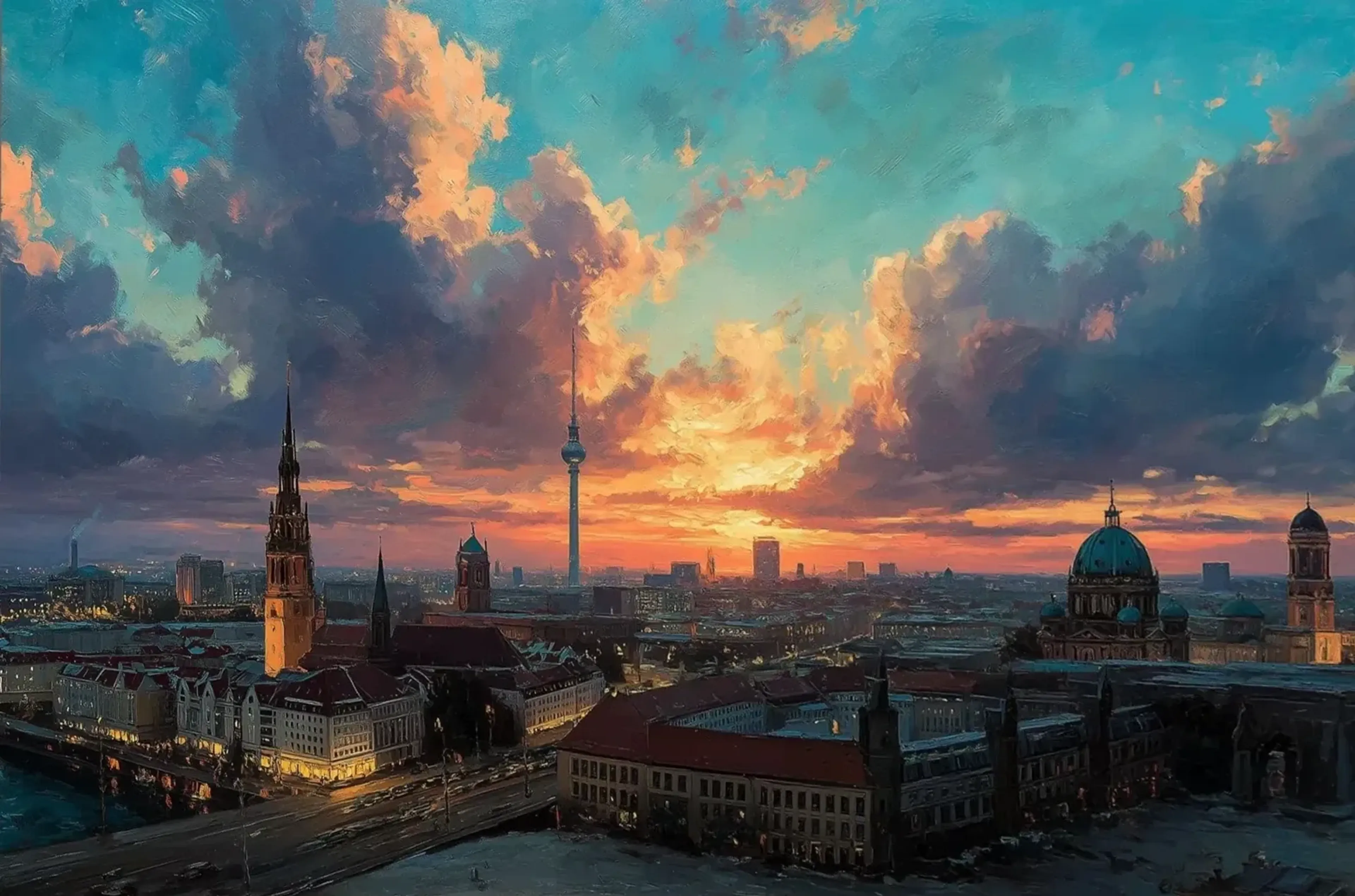 Berliner Dächer, Fernsehturm und Kuppeln unter dunklen Wolken und einem goldorange leuchtenden Abendhimmel.