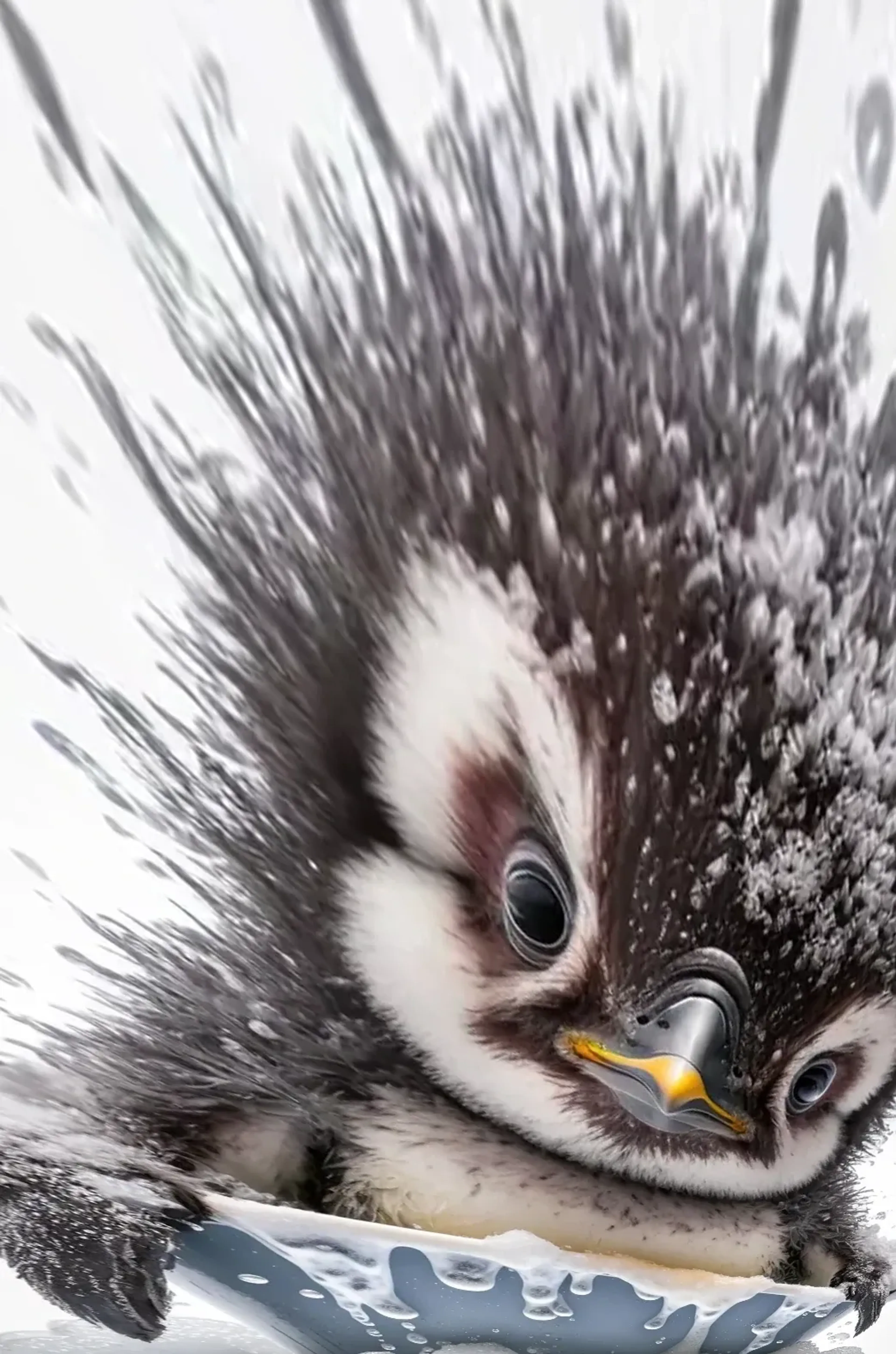 Nahansicht eines Pinguinkükens mit gelbem Schnabel über einem blaugrauen Wannenrand, umgeben von Wasserspritzern.
