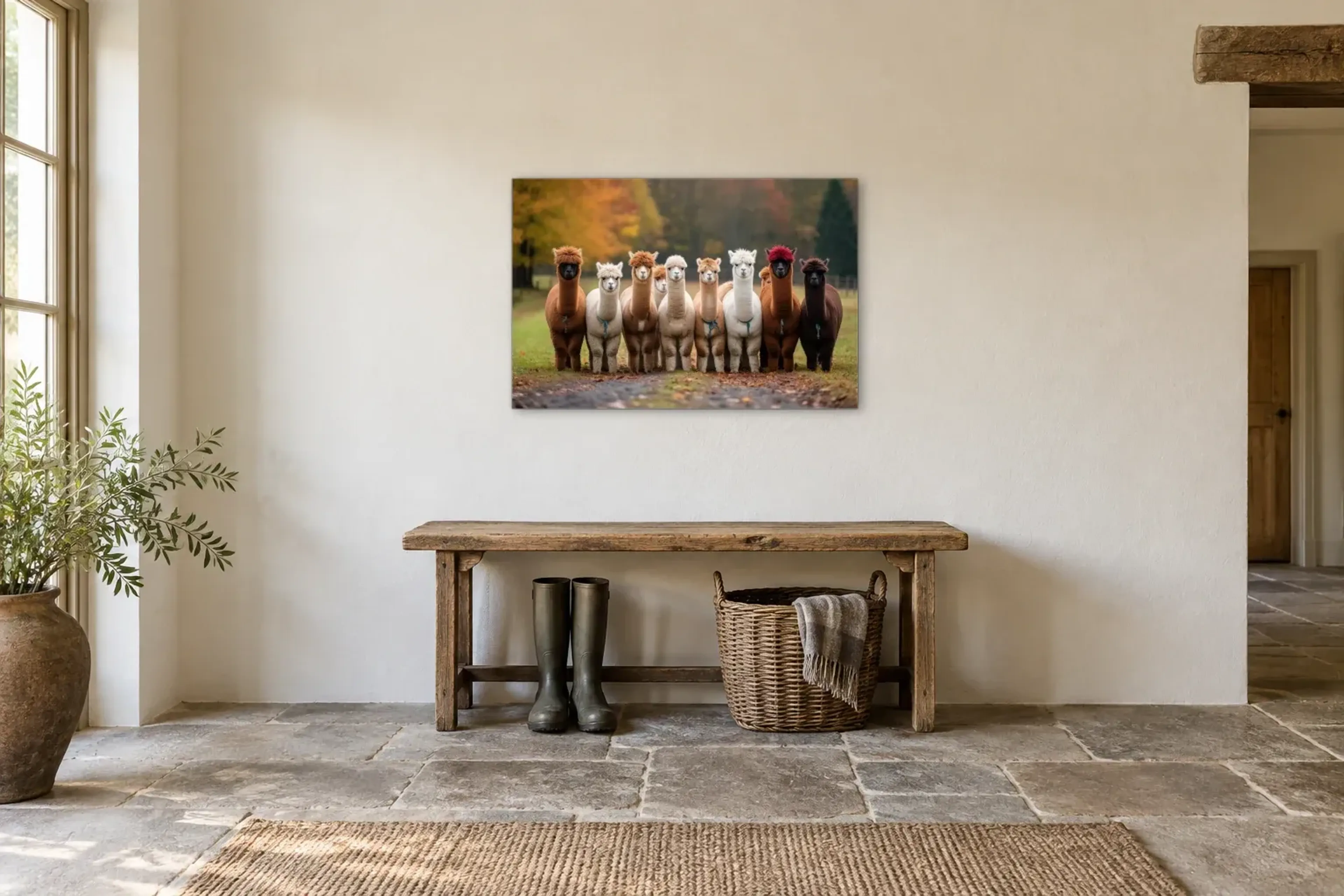 Alpakas in einer Reihe als Wandbild über einer 120-cm-Bank