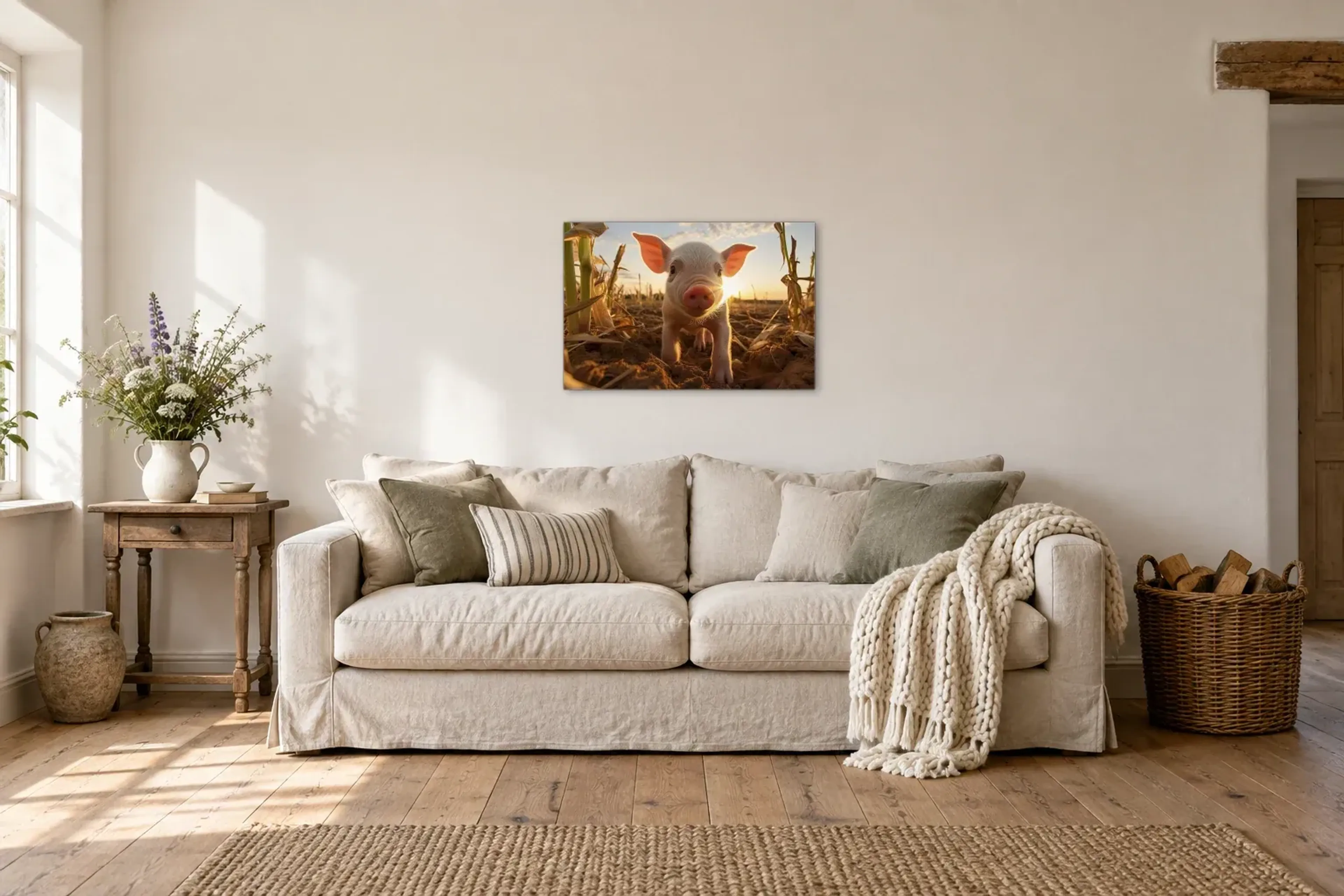 Ferkel im Maisfeld als Wandbild über einem 220-cm-Sofa