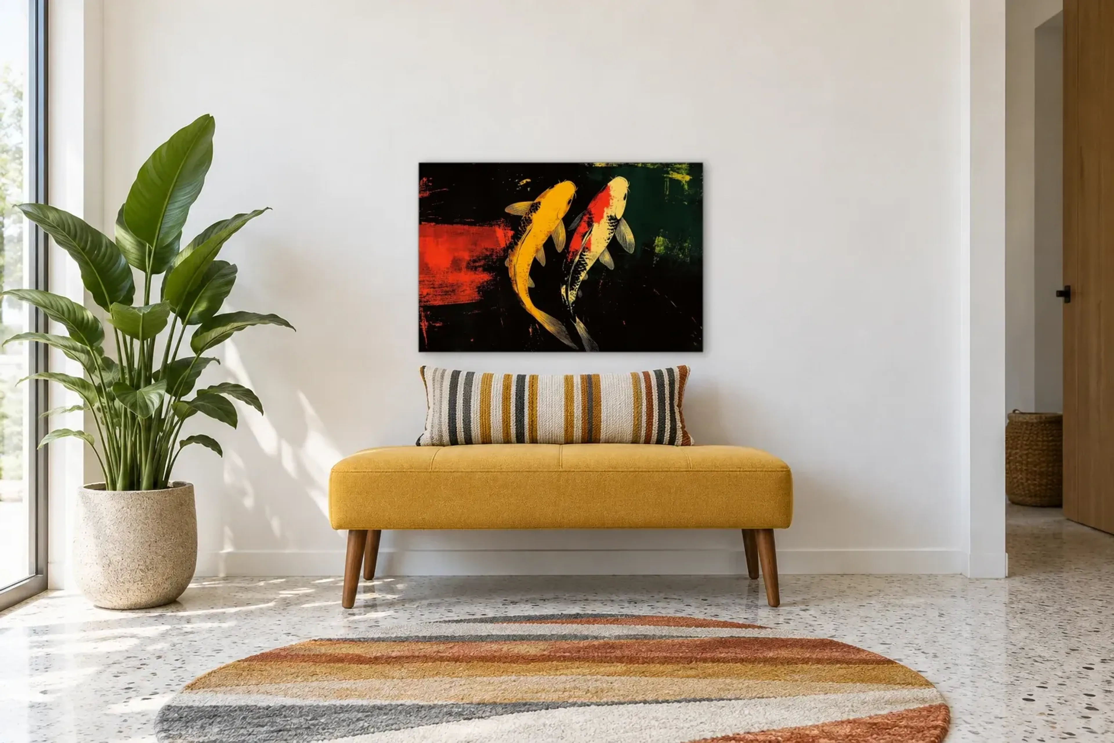 Koi Fische als Wandbild über einer 120-cm-Bank
