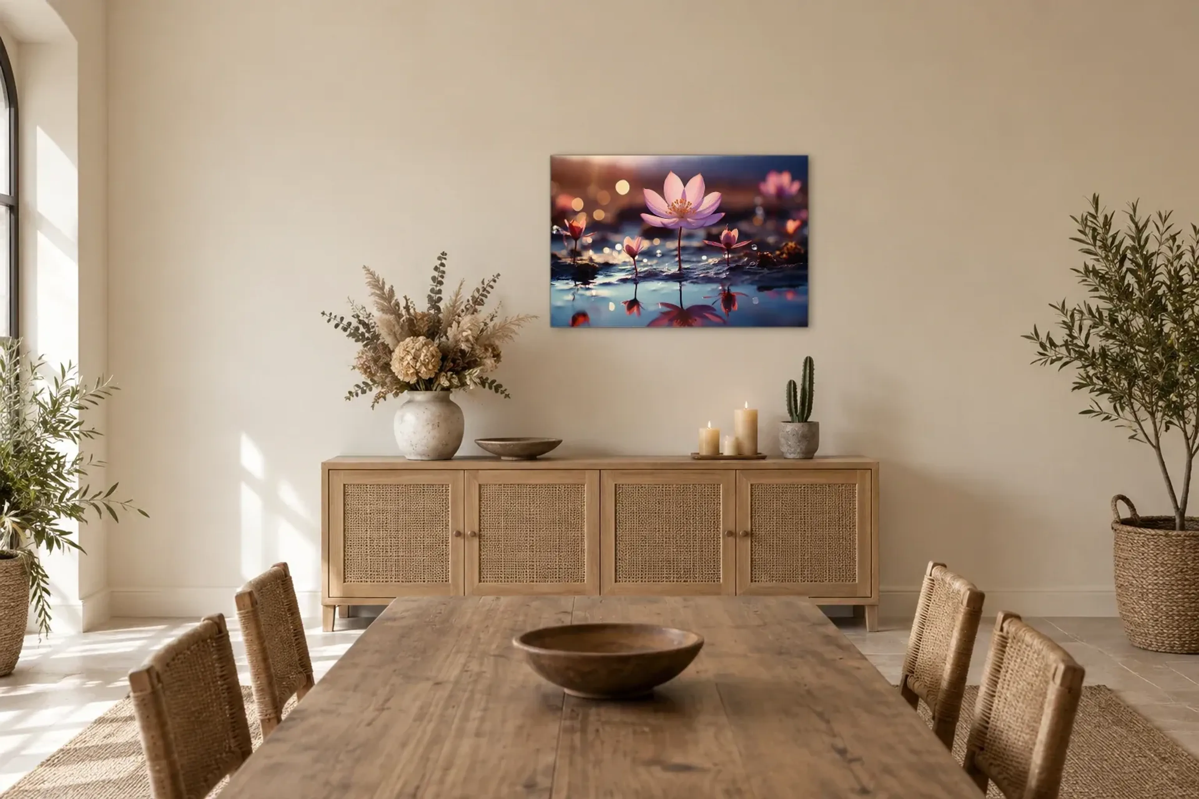 Rosa Blüten am Wasser als Wandbild über einem 160-cm-Sideboard