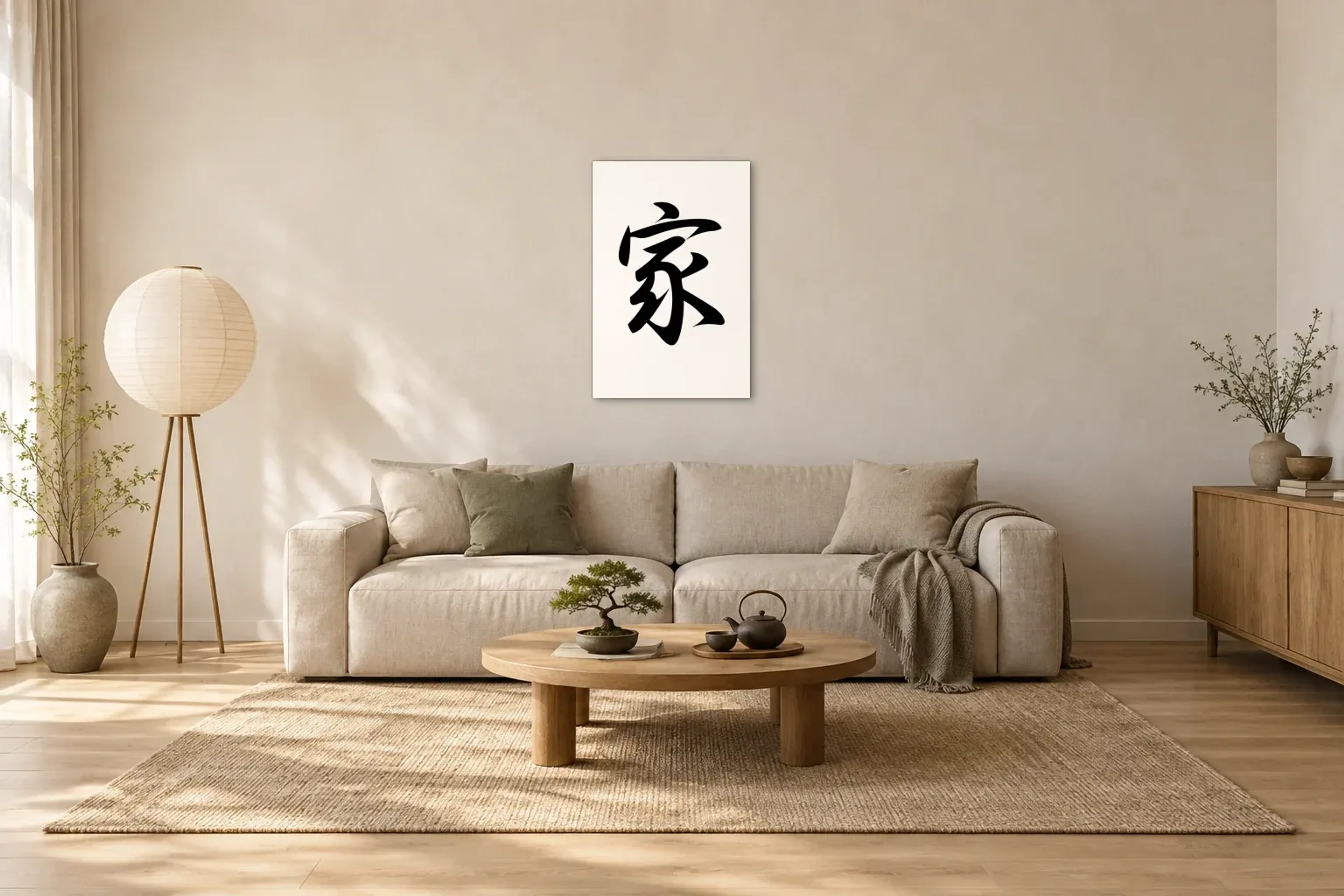 Zeichen für Zuhause als Wandbild über einem 220-cm-Sofa