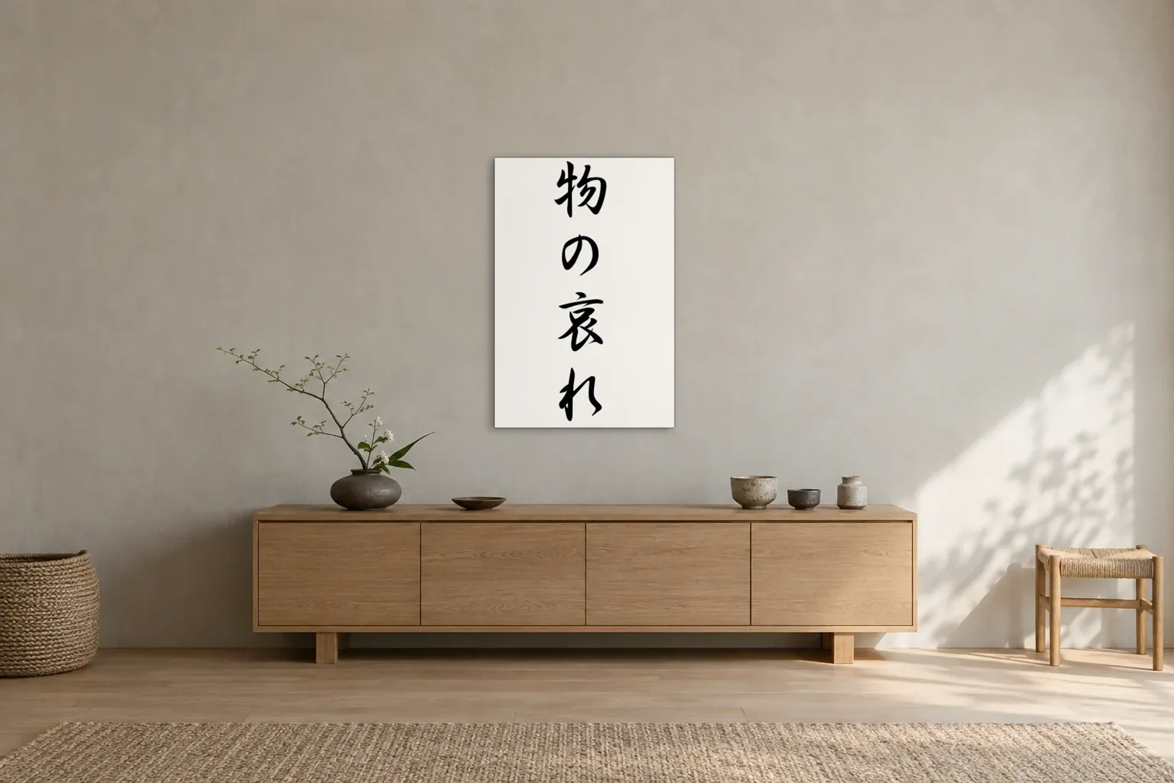 Schrift in fließenden Formen als Wandbild über einem 180-cm-Sideboard