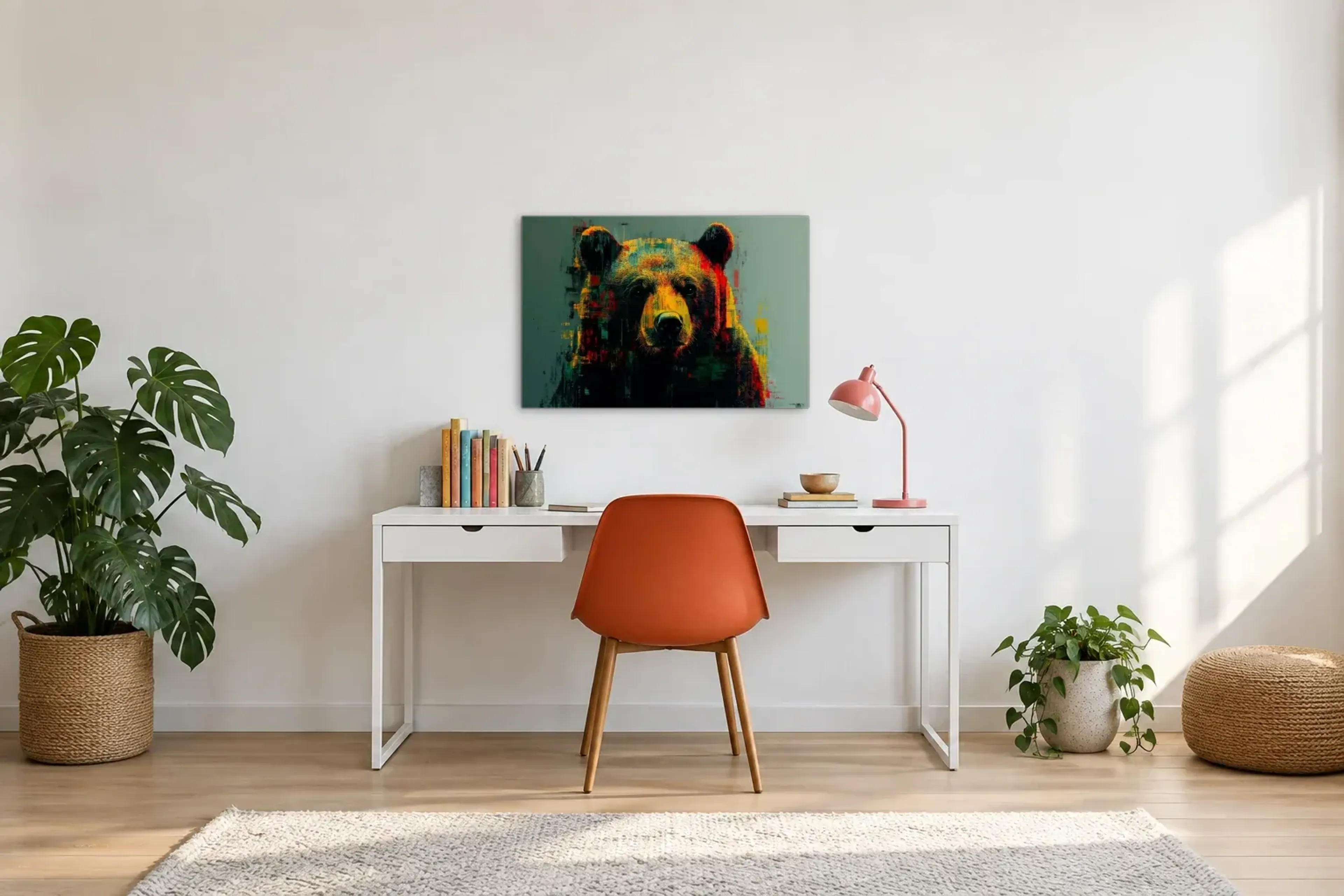 Braunbär mit direktem Blick als Wandbild über einem 140-cm-Schreibtisch