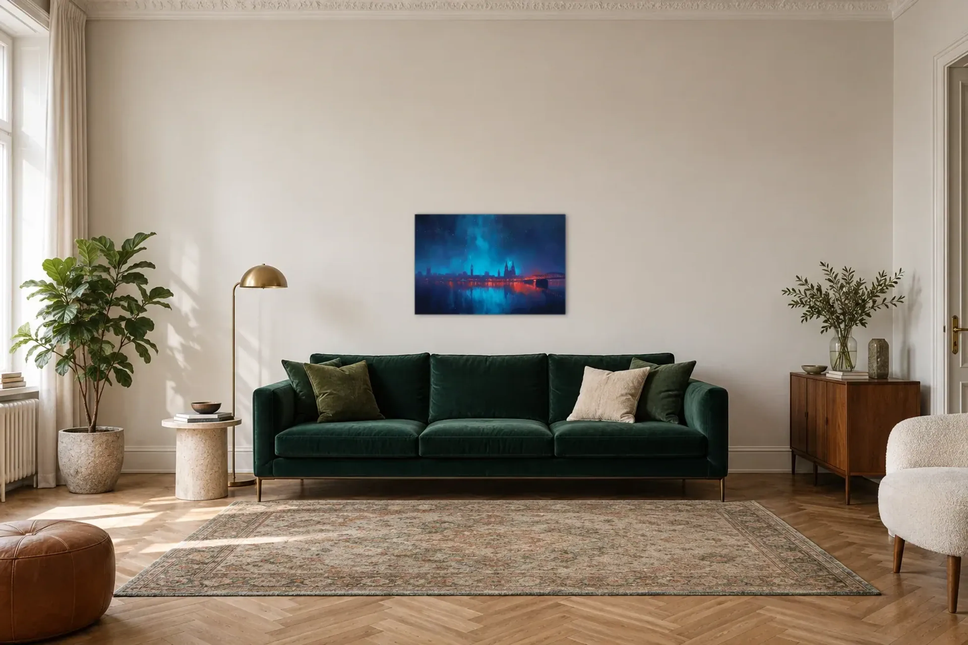 Köln zwischen Blau und Rot als Wandbild über einem 220-cm-Sofa
