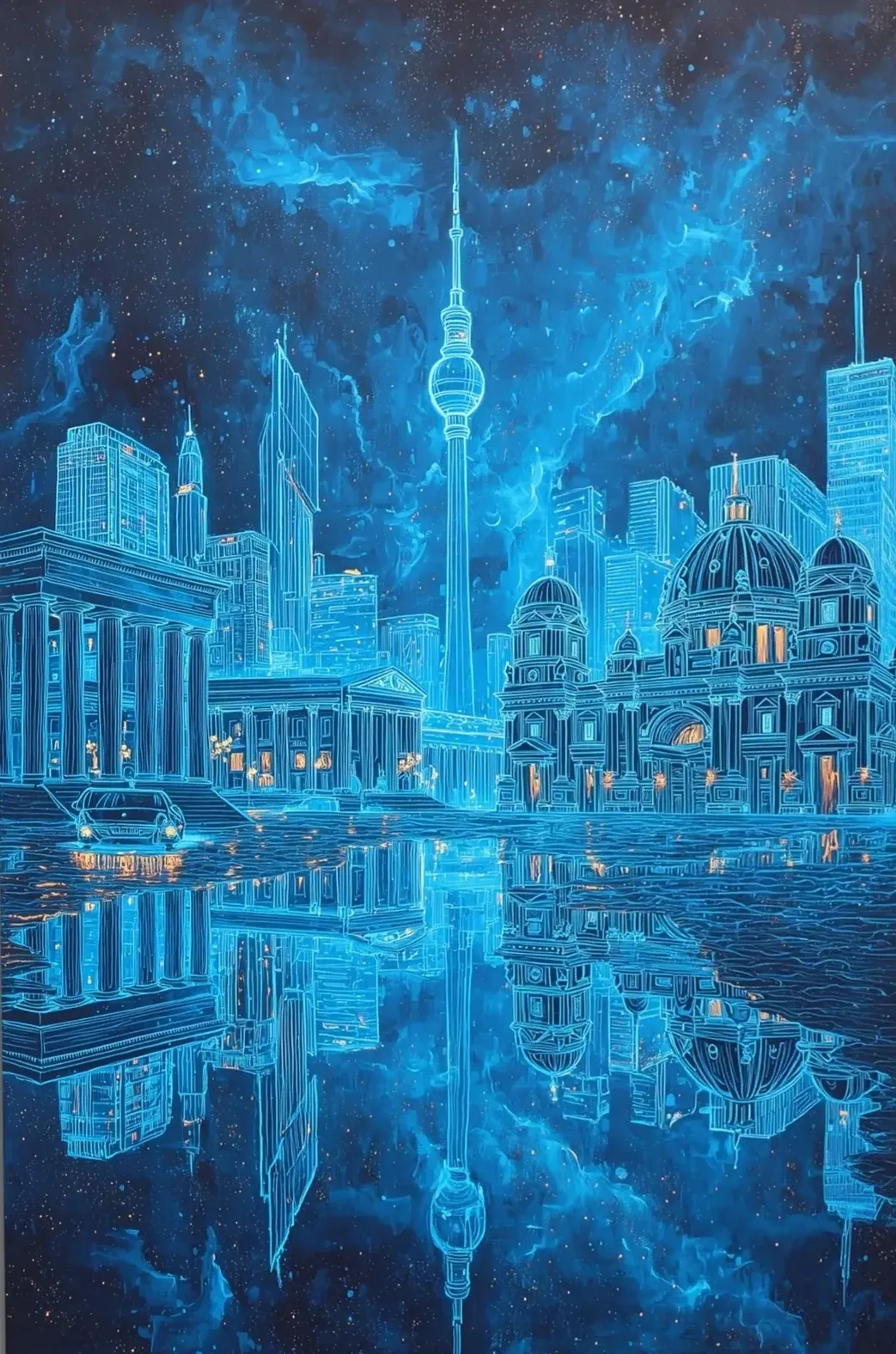 Türkis leuchtende Berliner Gebäude mit Fernsehturm spiegeln sich unter einem wirbelnden Nachthimmel im Wasser.