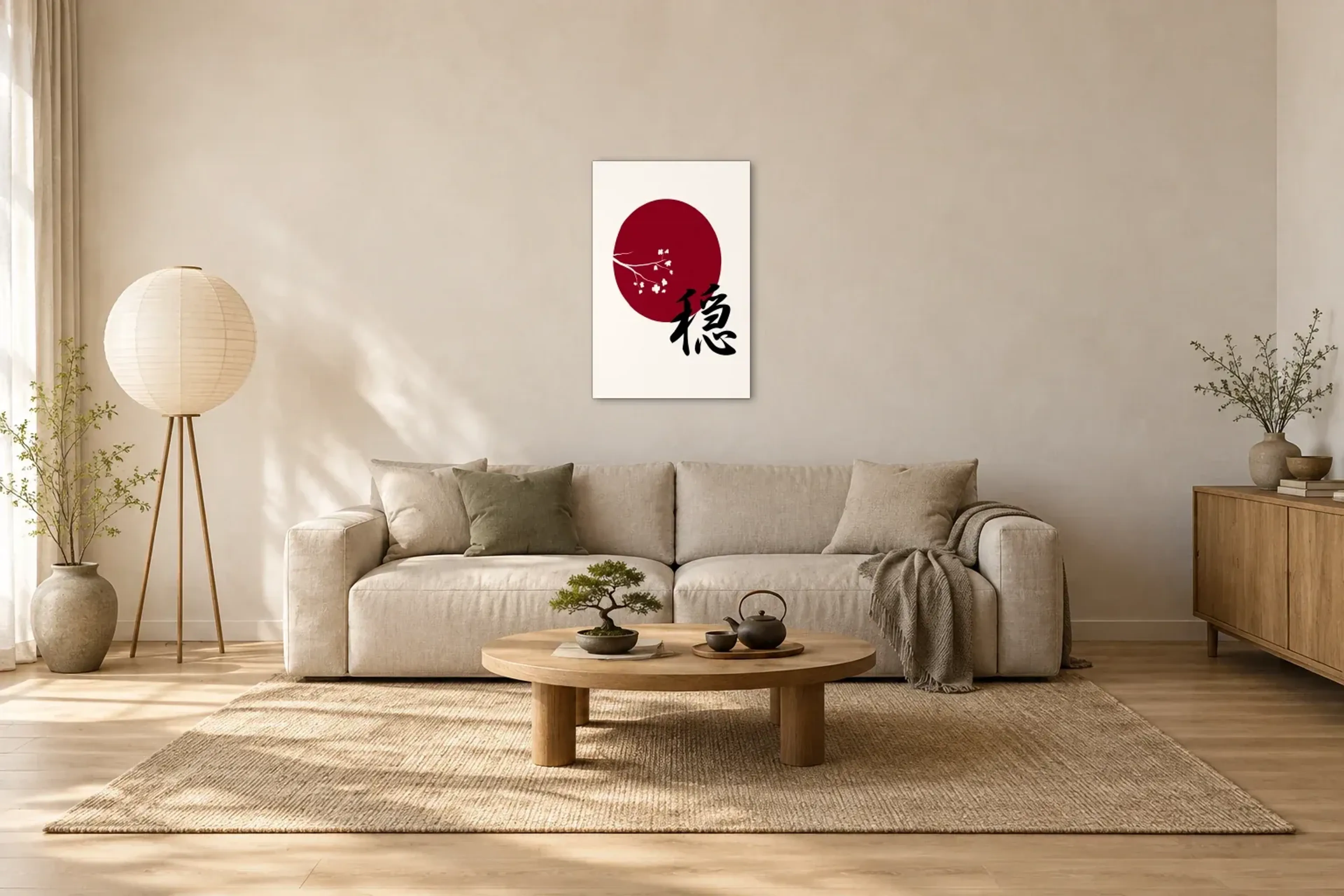 Roter Kreis mit Schriftzeichen als Wandbild über einem 220-cm-Sofa