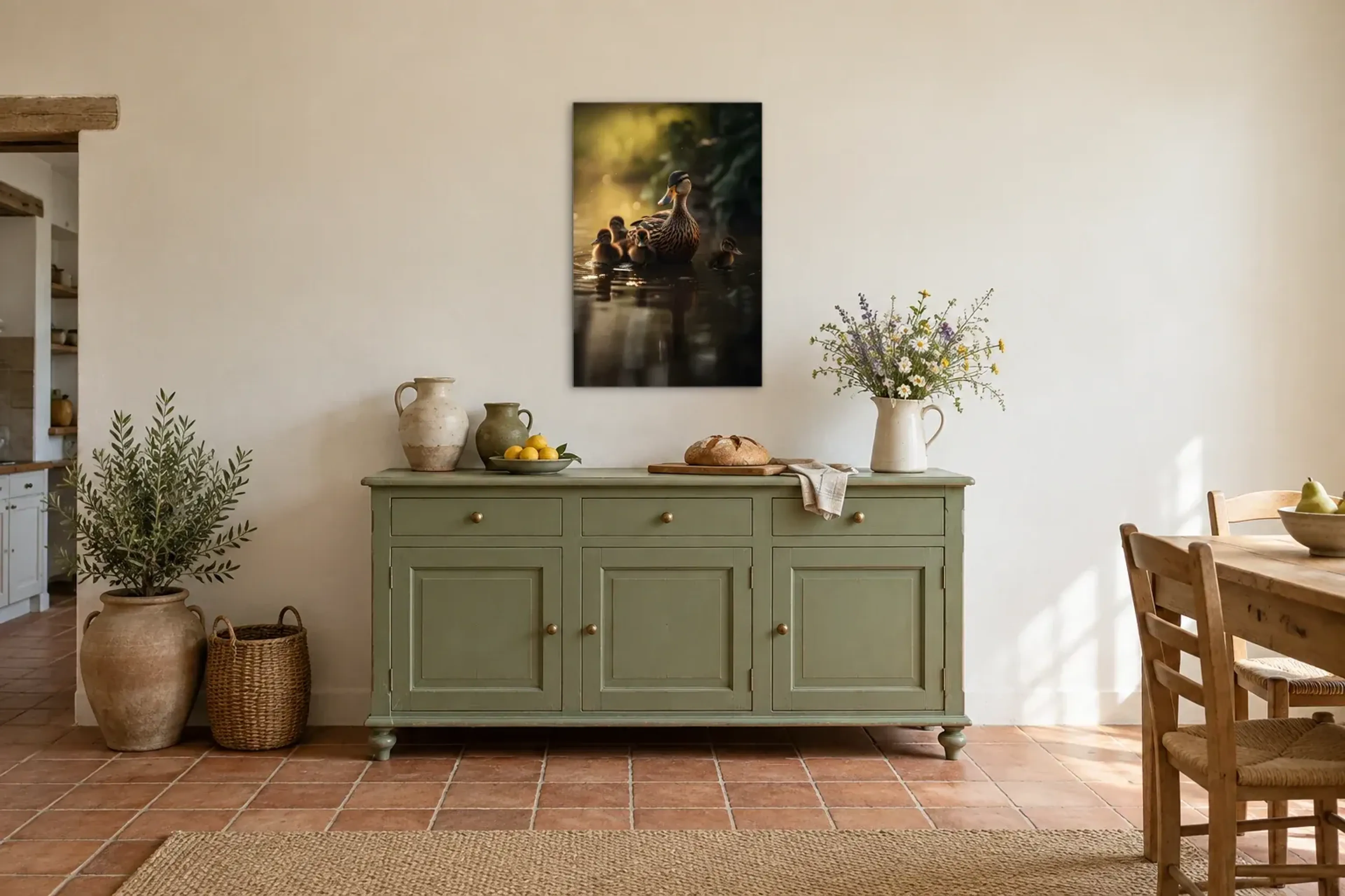Ente mit Küken als Wandbild über einer 160-cm-Anrichte