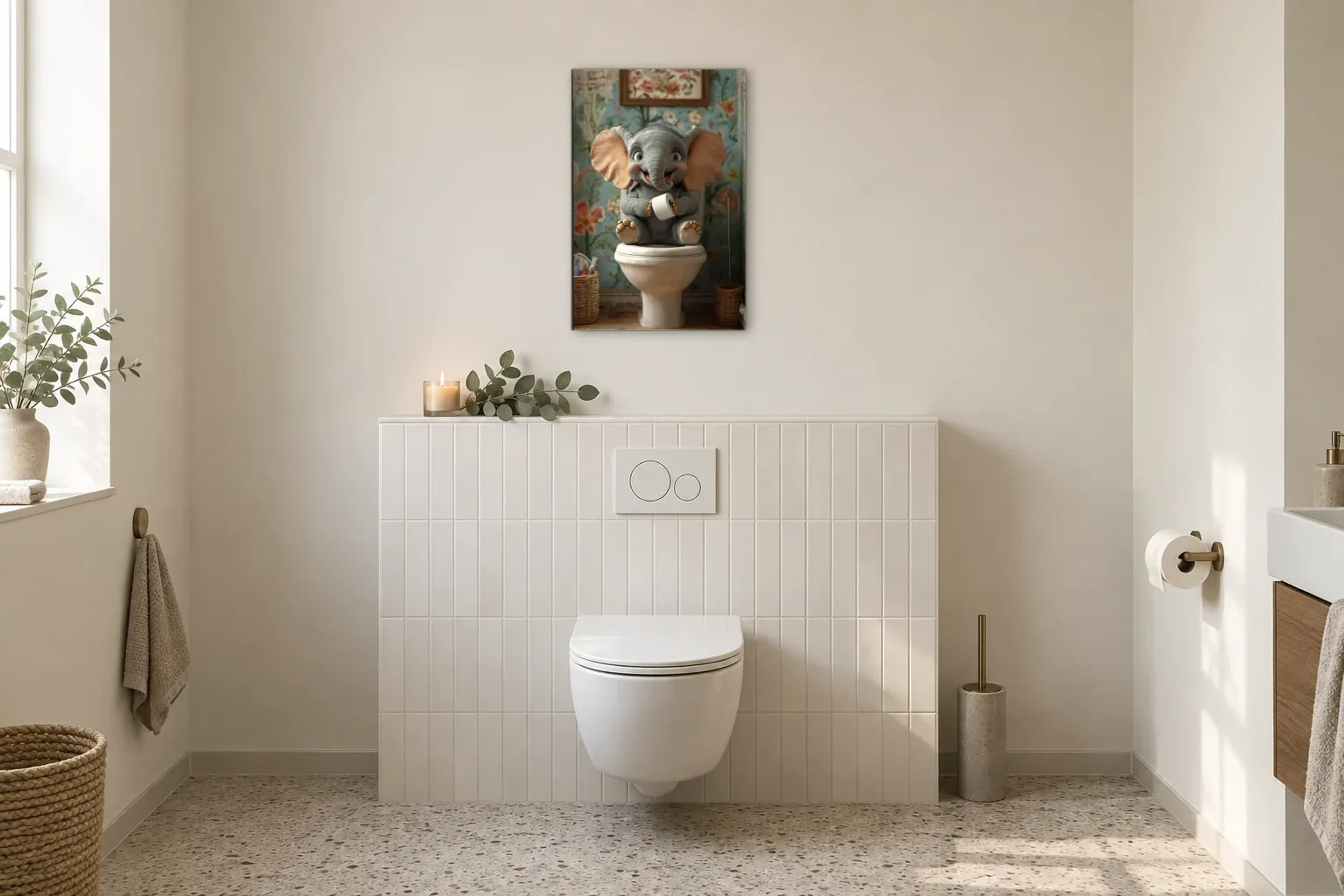 Elefantenkind vor Blumentapete als Wandbild im Gäste-WC