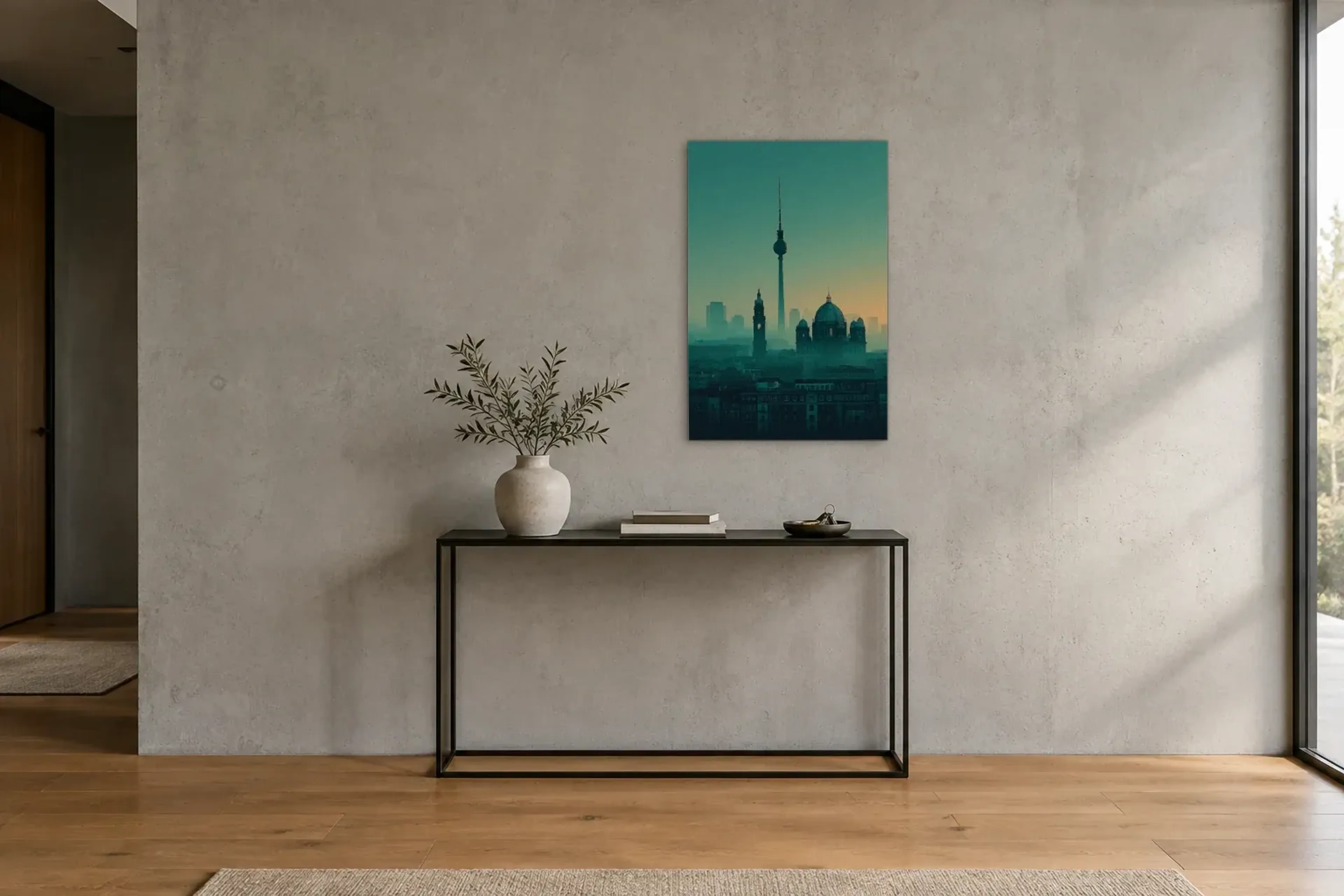 Berlin im türkisfarbenen Dunst als Wandbild über einer 120-cm-Konsole