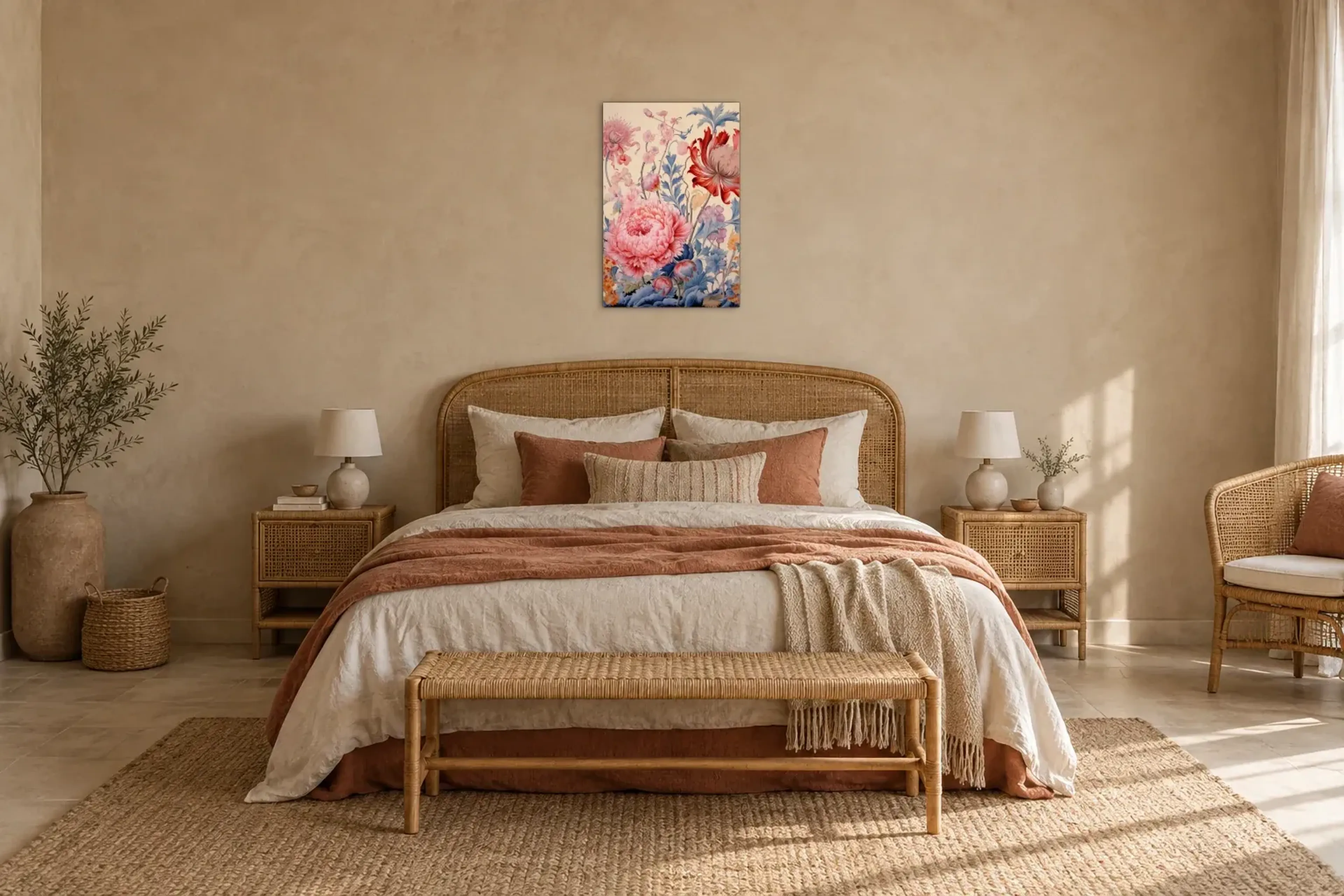 Blüten in Rosa und Rot als Wandbild über einem 180-cm-Bett