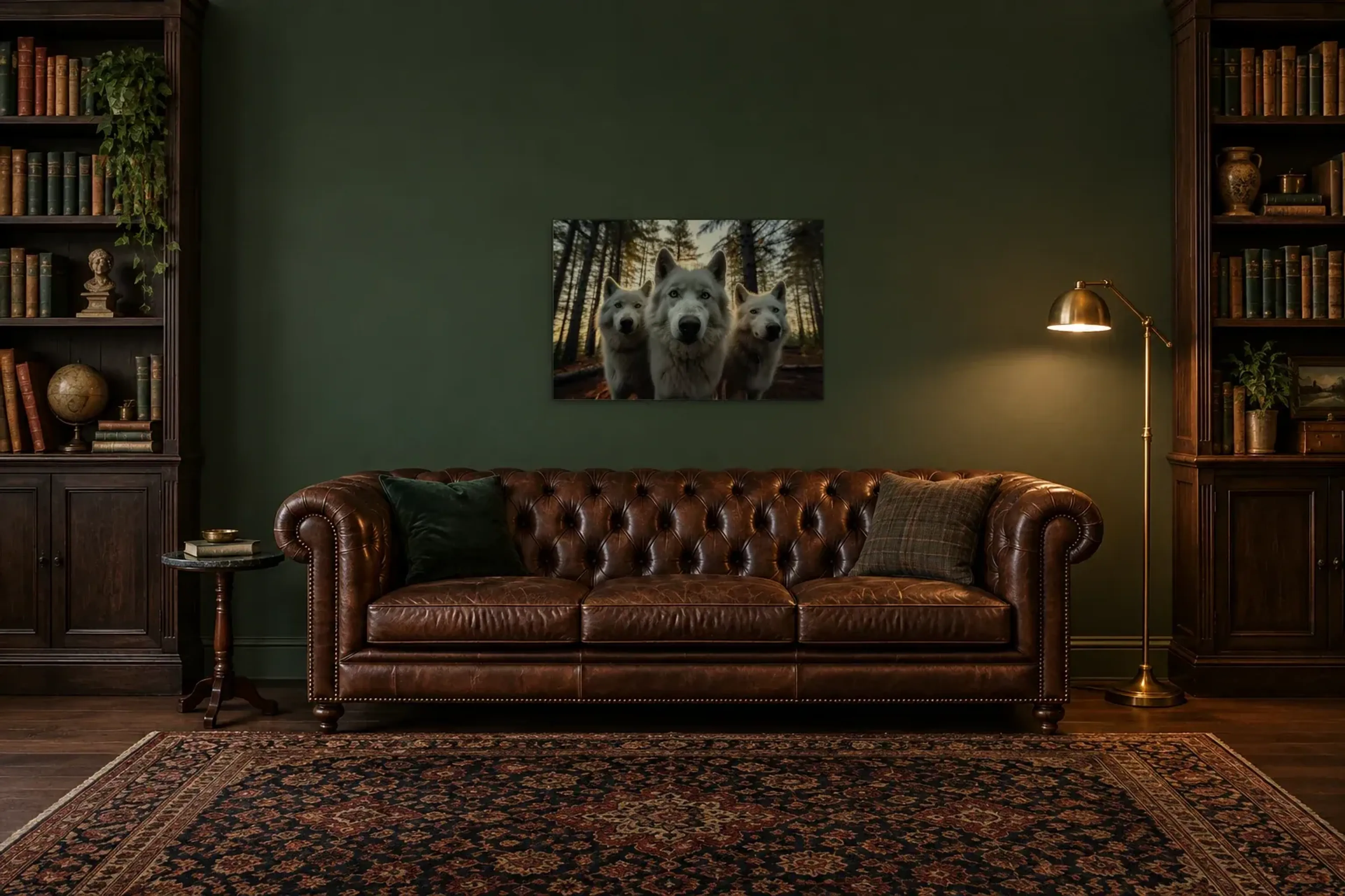 Weiße Wölfe im Abendlicht als Wandbild über einem 200-cm-Chesterfield-Sofa