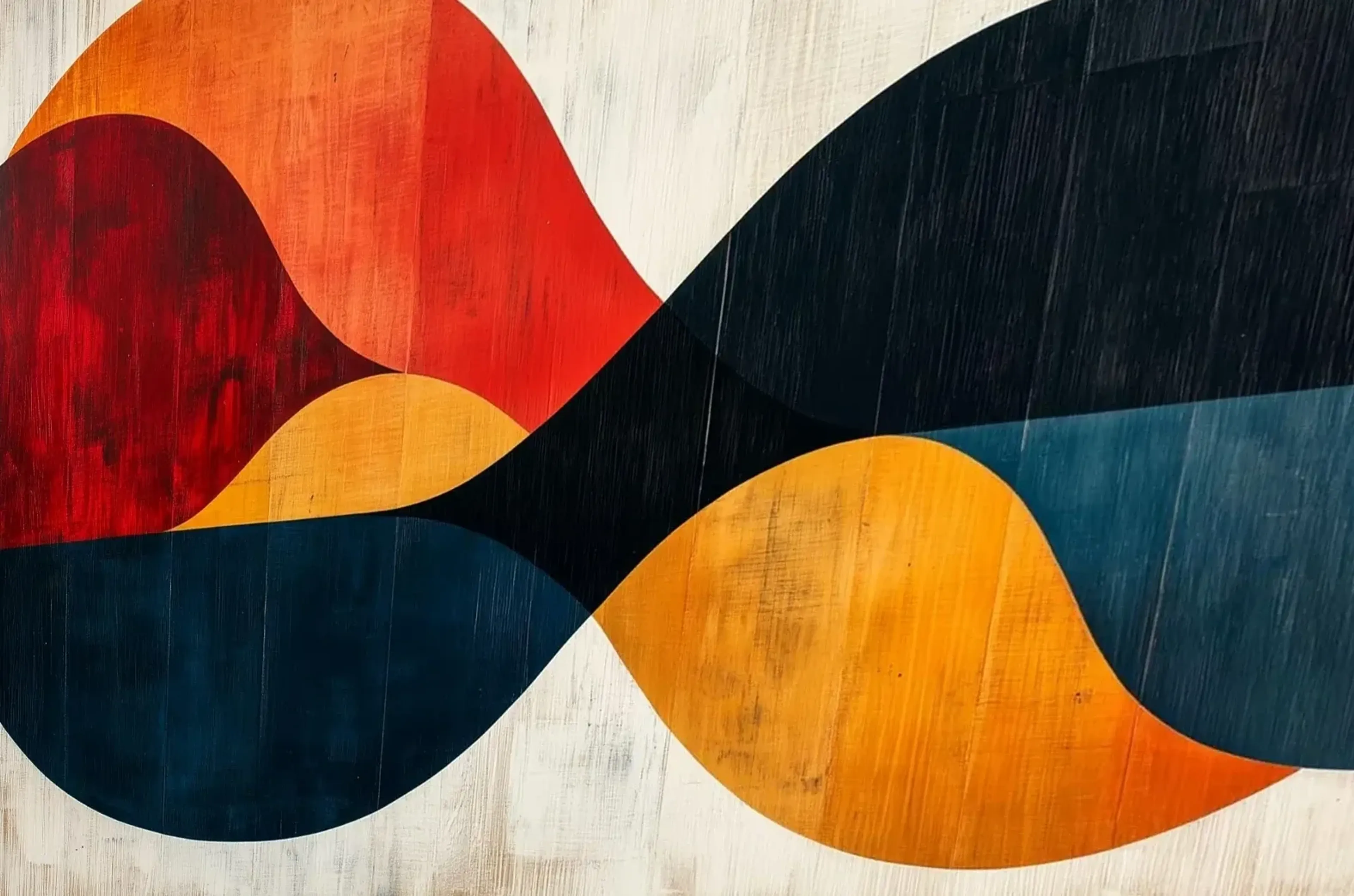 Geschwungene Flächen in Orange, Rot, Gelb und Dunkelblau auf hellem Grund mit streifiger Struktur.