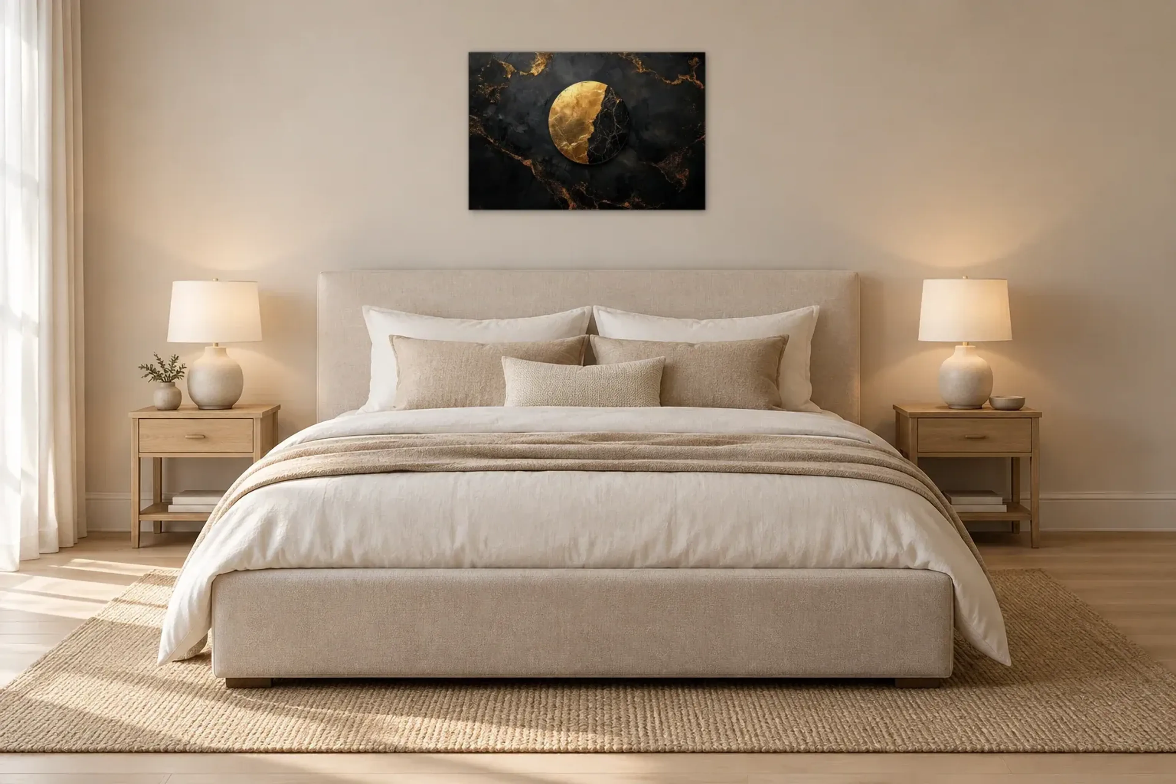 Kreis in Schwarz und Gold als Wandbild über einem 180-cm-Bett