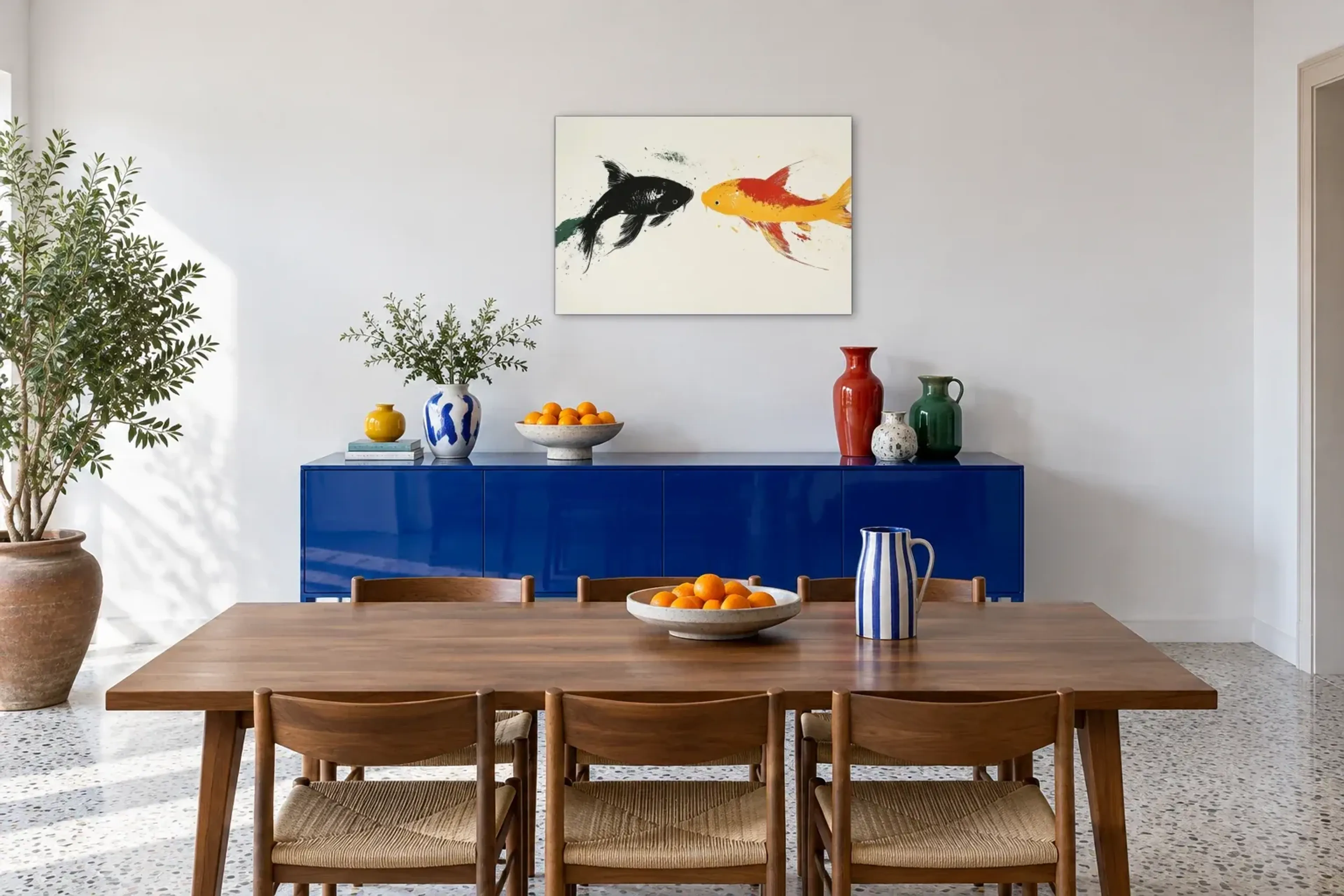 Begegnung der Koi als Wandbild über einem 180-cm-Sideboard