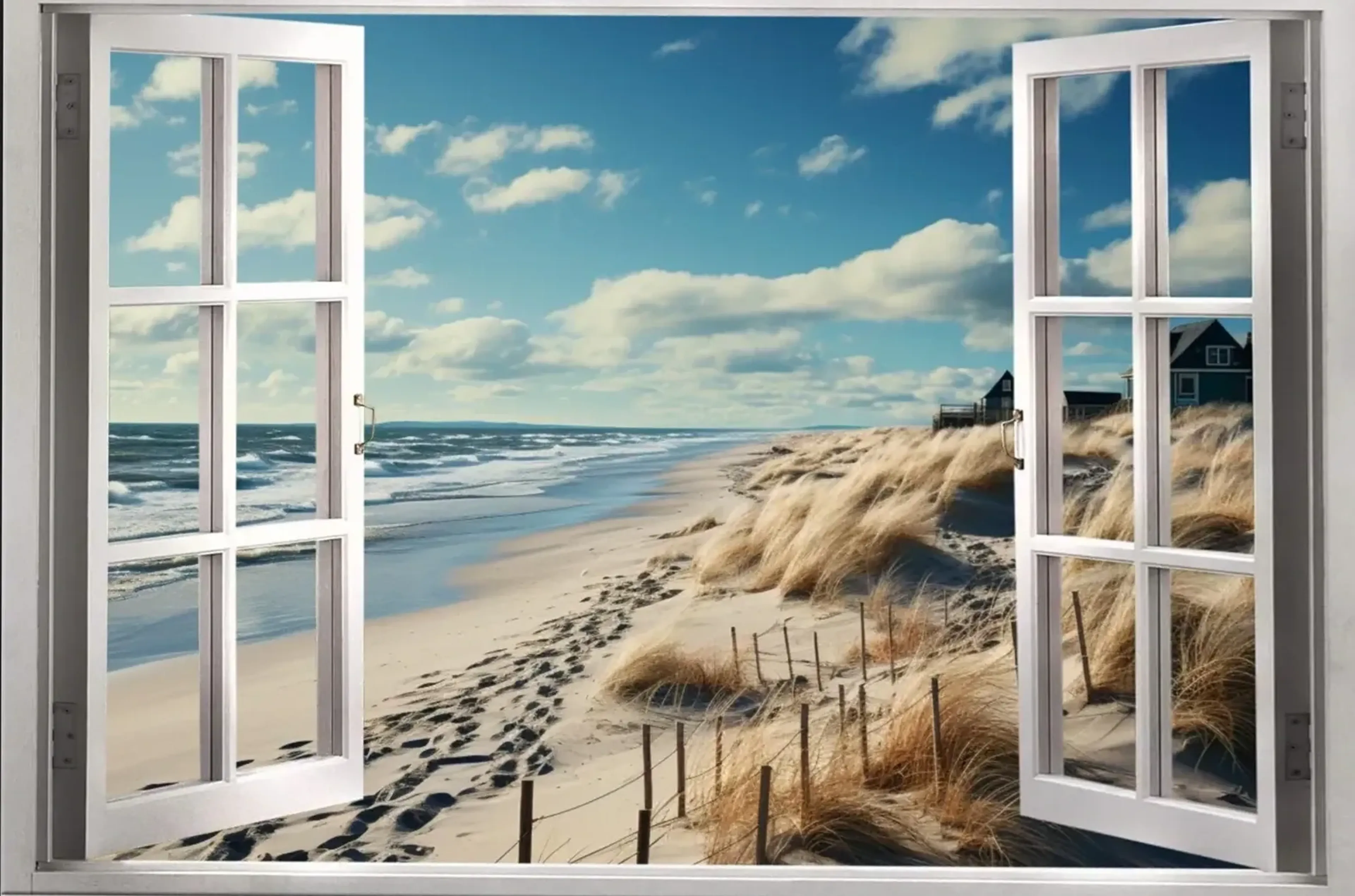 Weiße offene Fensterflügel rahmen einen Strand mit Dünen, Fußspuren, Wellen und Häusern unter blauem Himmel.