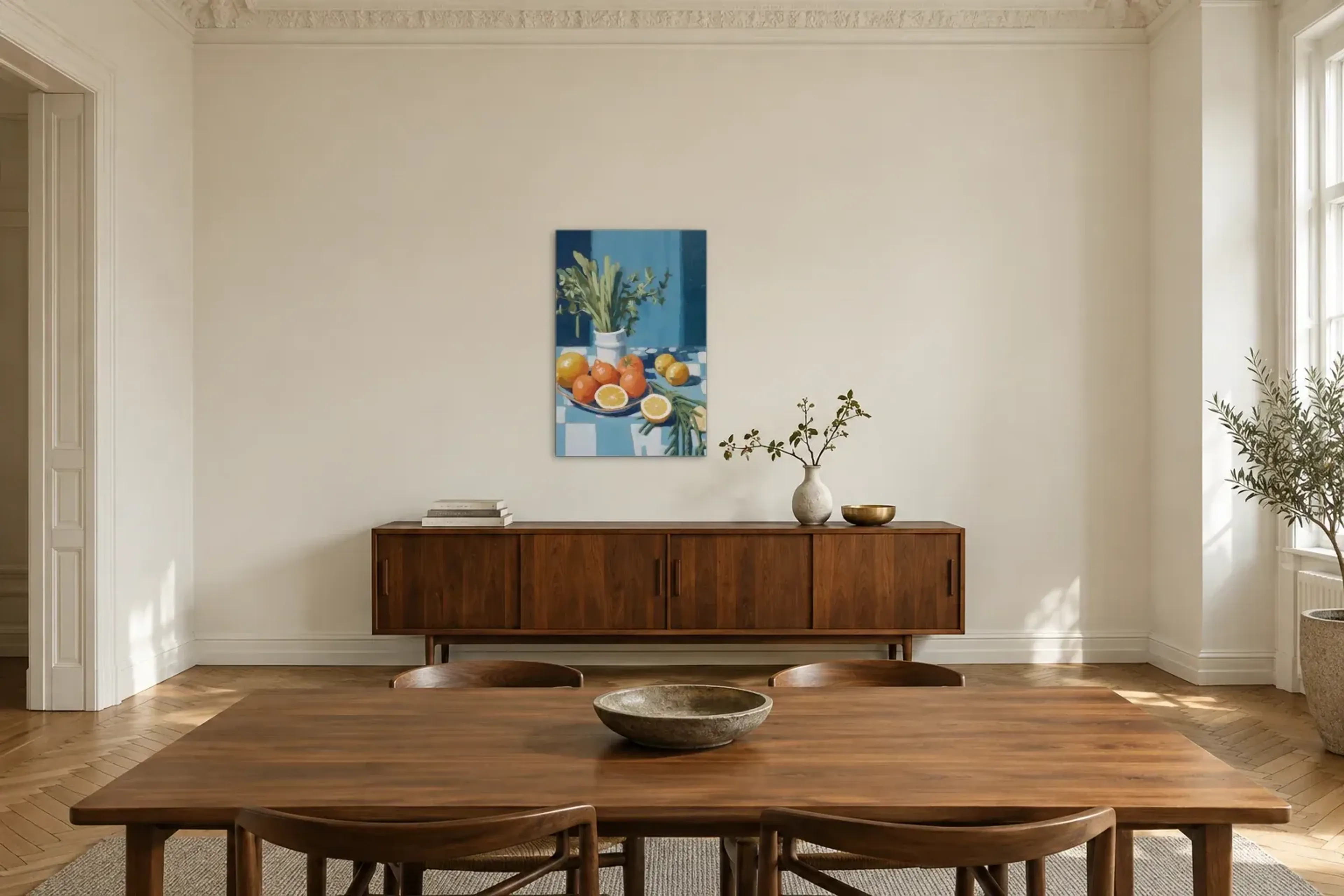 Zitronen und Tomaten als Wandbild über einem 200-cm-Sideboard