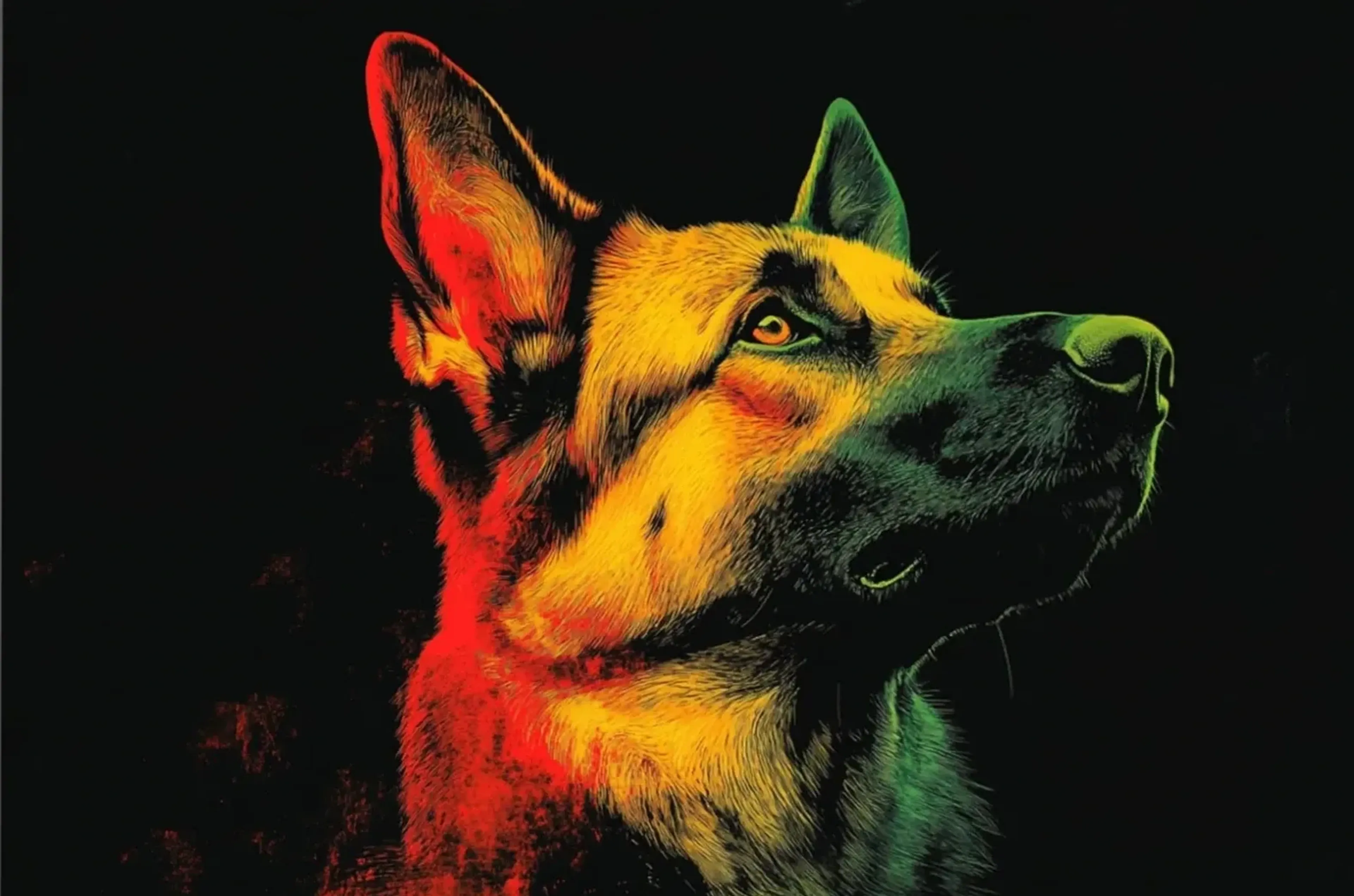 Schäferhund mit aufgestellten Ohren blickt nach rechts oben, in Gelb, Rot und Grün vor dunklem Hintergrund.
