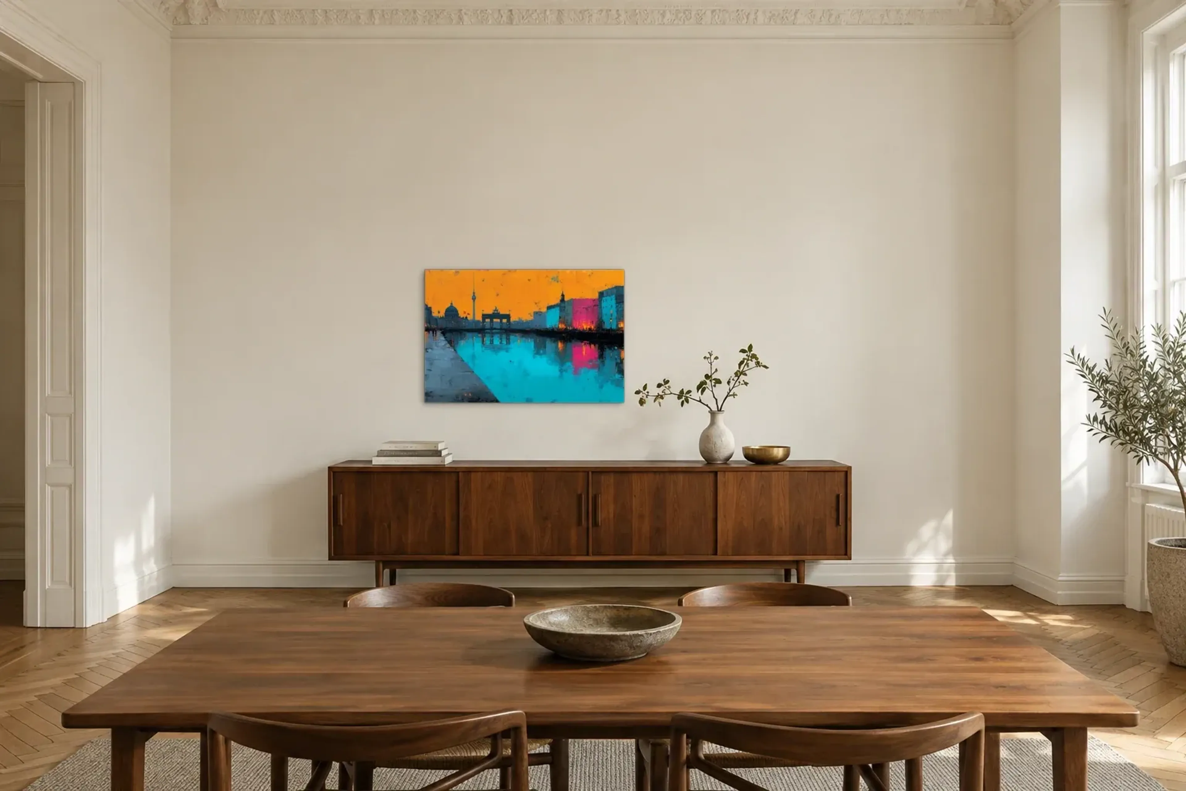 Berlin zwischen Orange und Türkis als Wandbild über einem 200-cm-Sideboard